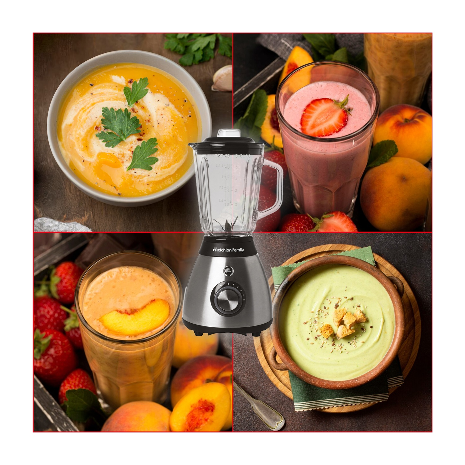 L'immagine mostra un frullatore circondato da alimenti: zuppa, frullati e frutta come pesche e fragole. Sono presenti vari colori.