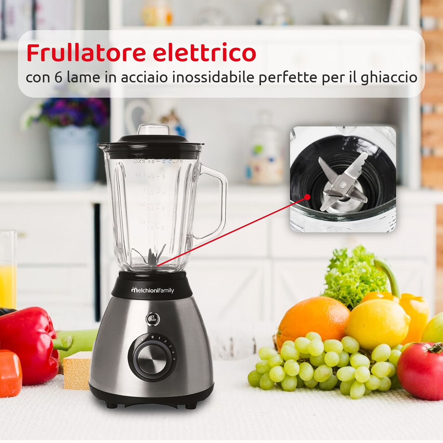 Un frullatore d'argento con un barattolo di vetro, accanto a frutta e verdura. Il testo indica che è elettrico.