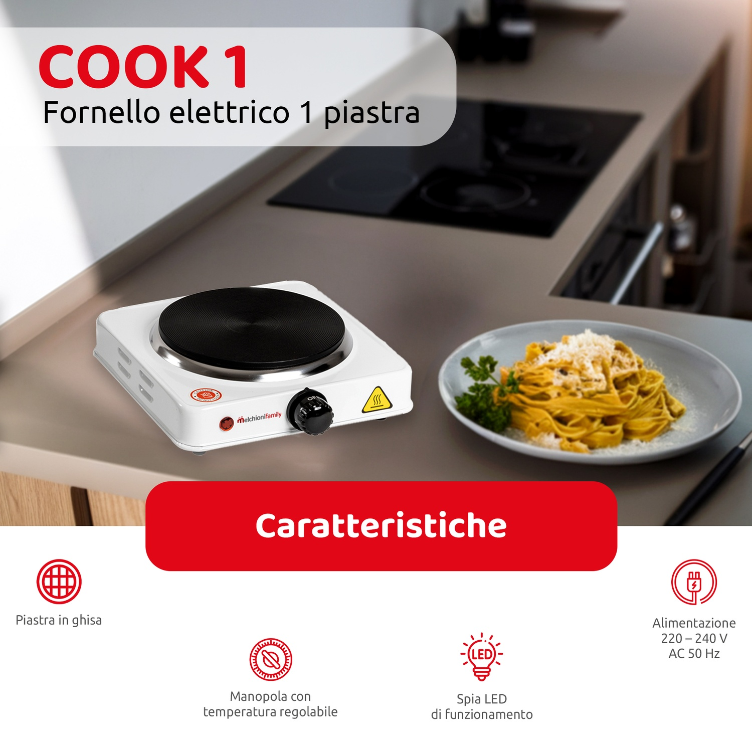 Un fornello elettrico bianco con superficie di cottura nera, pasta in un piatto e testo: COOK 1, Fornello elettrico 1 piastra.