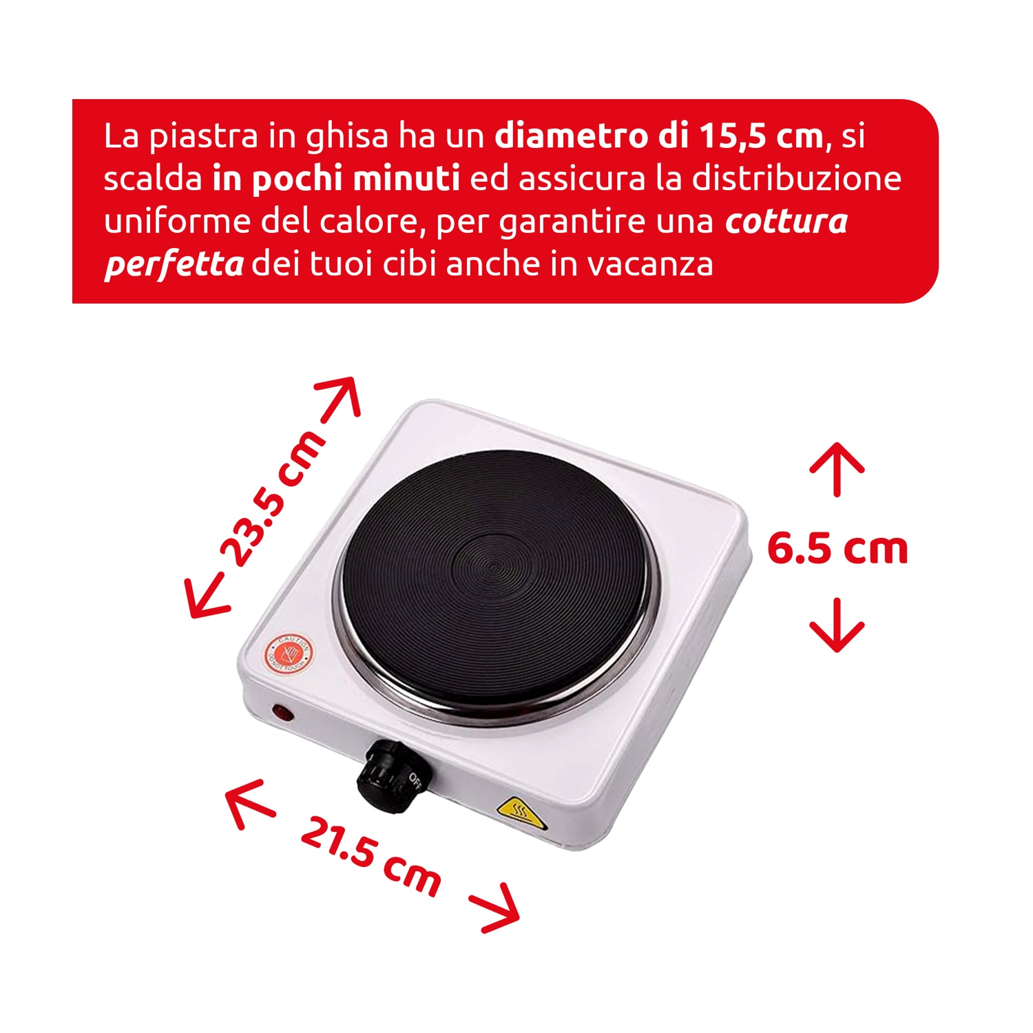 Un fornello elettrico bianco con elemento riscaldante nero. Dimensioni indicate. Testo in italiano descrive le funzioni del fornello.