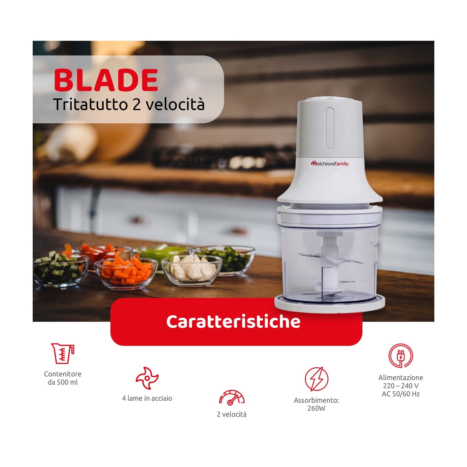 Un robot da cucina bianco con contenitore trasparente, verdure in ciotole di vetro. Testo: BLADE Tritatutto 2 velocità.