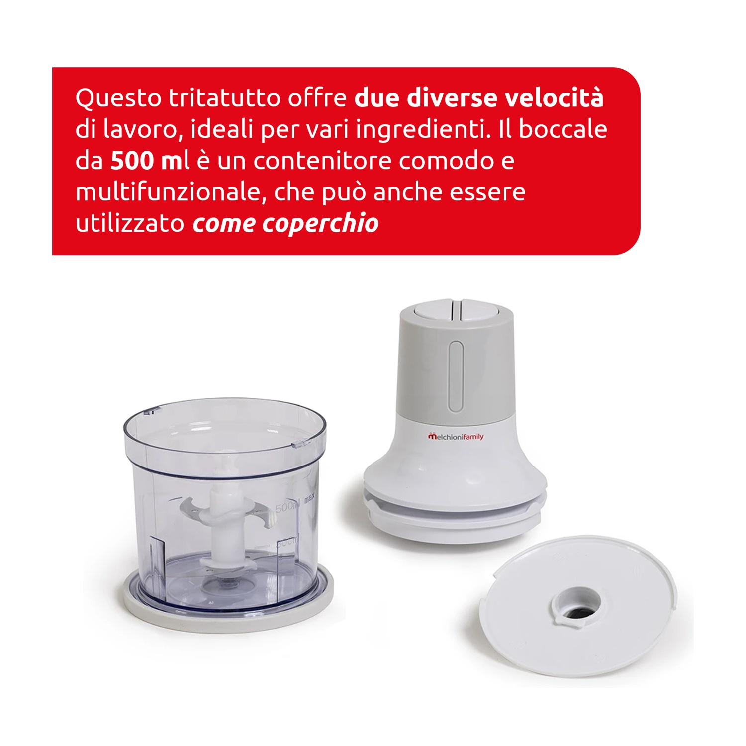 Un robot da cucina trasparente con base bianca e parte superiore grigia. Un coperchio accanto. È presente anche testo in italiano.