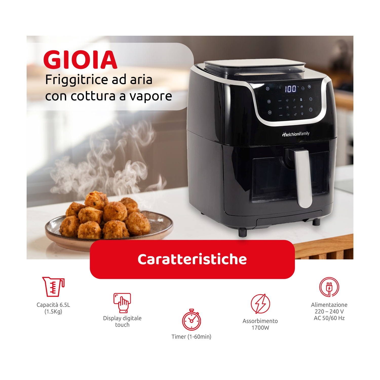 Friggitrice ad aria nera con display digitale. Cibo fritto su un piatto. Il testo rosso dice 'GIOIA'. Sono presenti anche altre icone e testo.