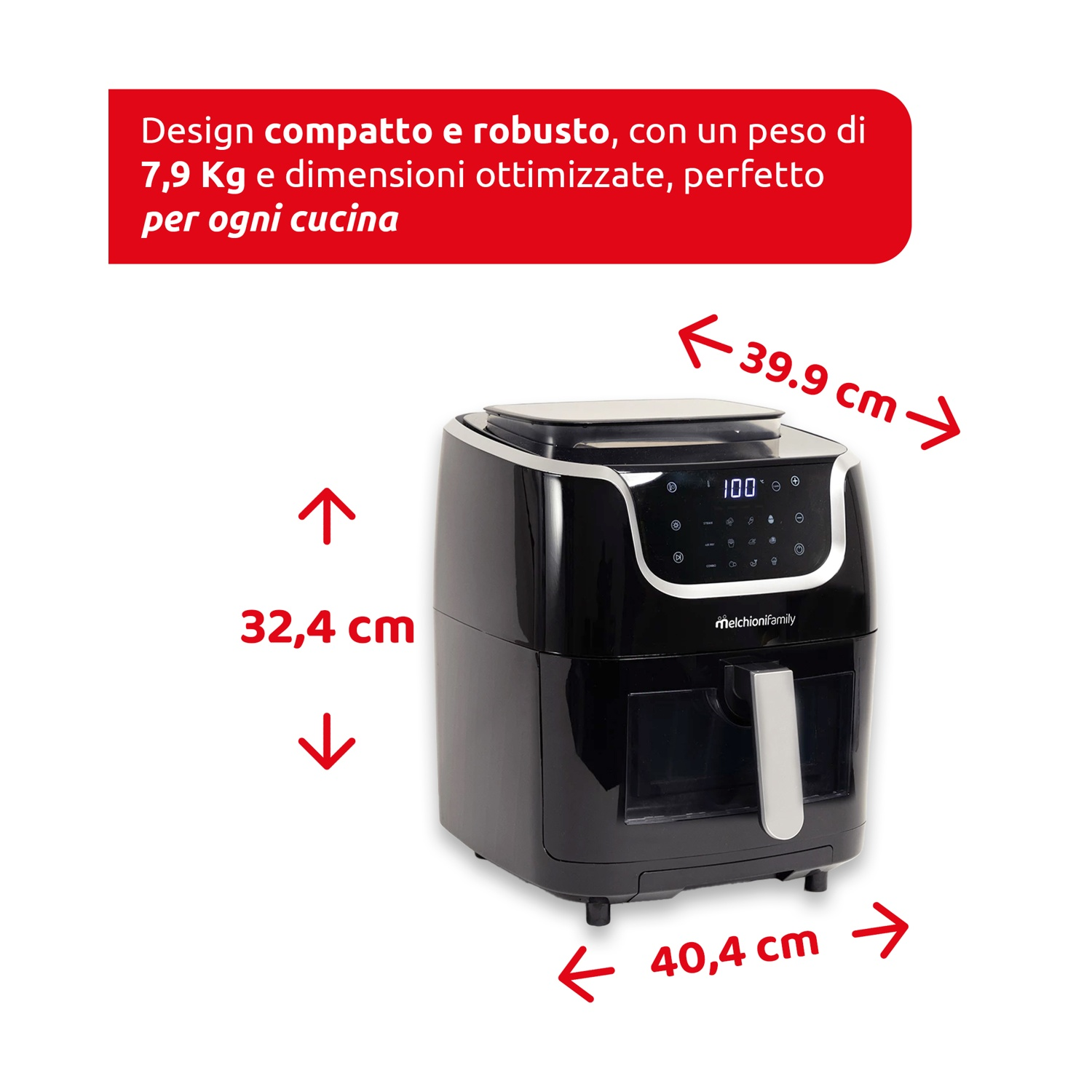 Friggitrice ad aria nera con dimensioni. Testo: design compatto, 7,9 kg. Dimensioni: 39,9 cm, 32,4 cm e 40,4 cm.
