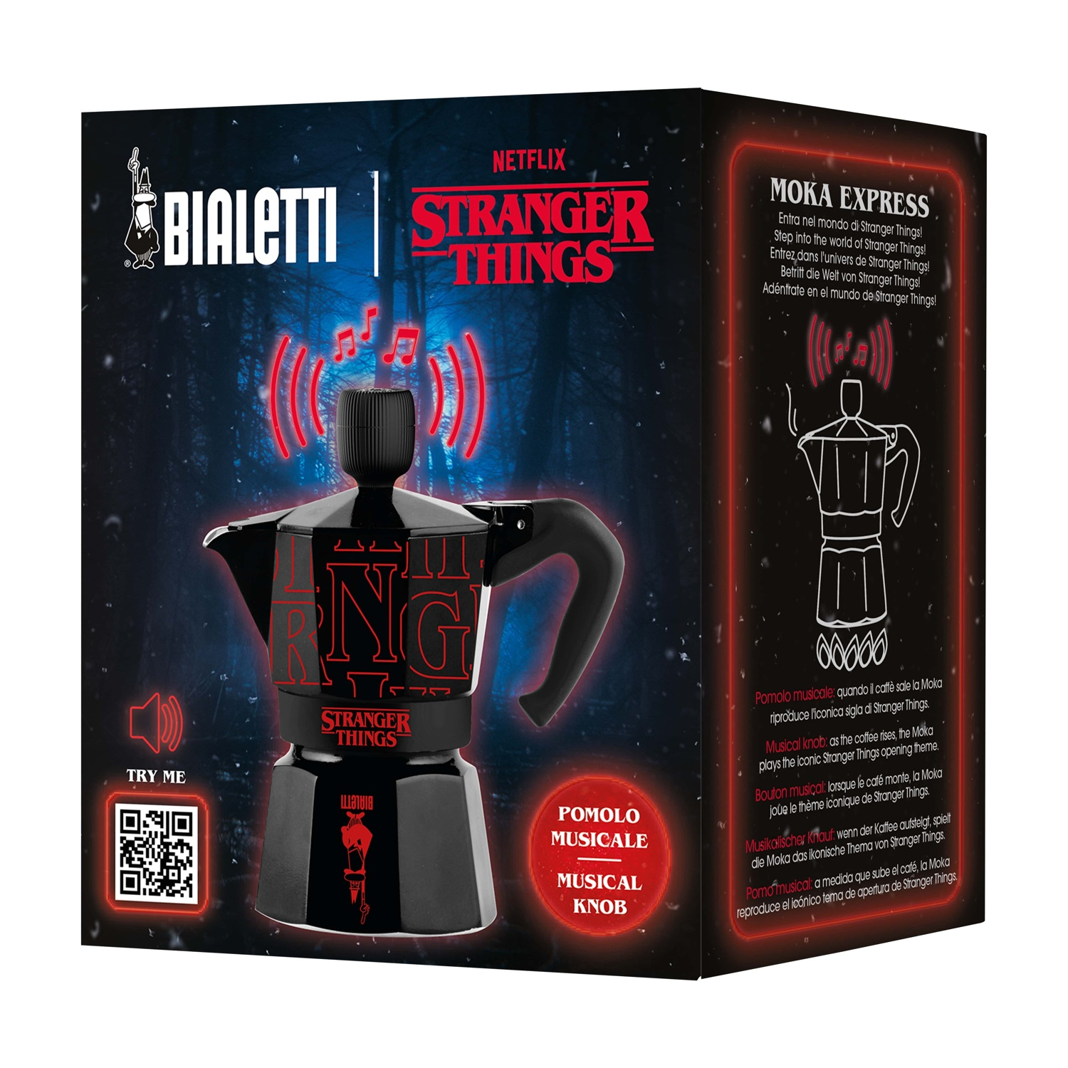 Caffettiera Moka Bialetti nera con logo Stranger Things. Dettagli rossi, manopola musicale. Scatola con testo e disegno.
