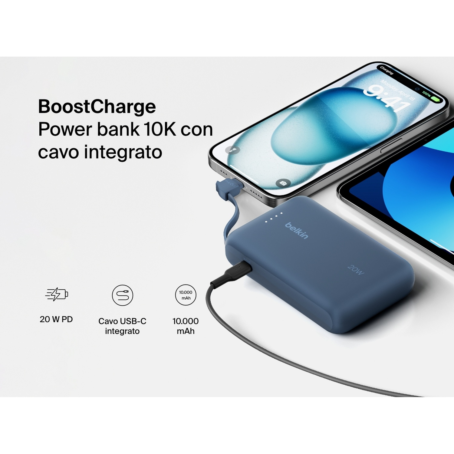 Un power bank Belkin blu carica un iPhone. Il telefono mostra le 9:41. Il testo recita 'BoostCharge Power bank 10K'.