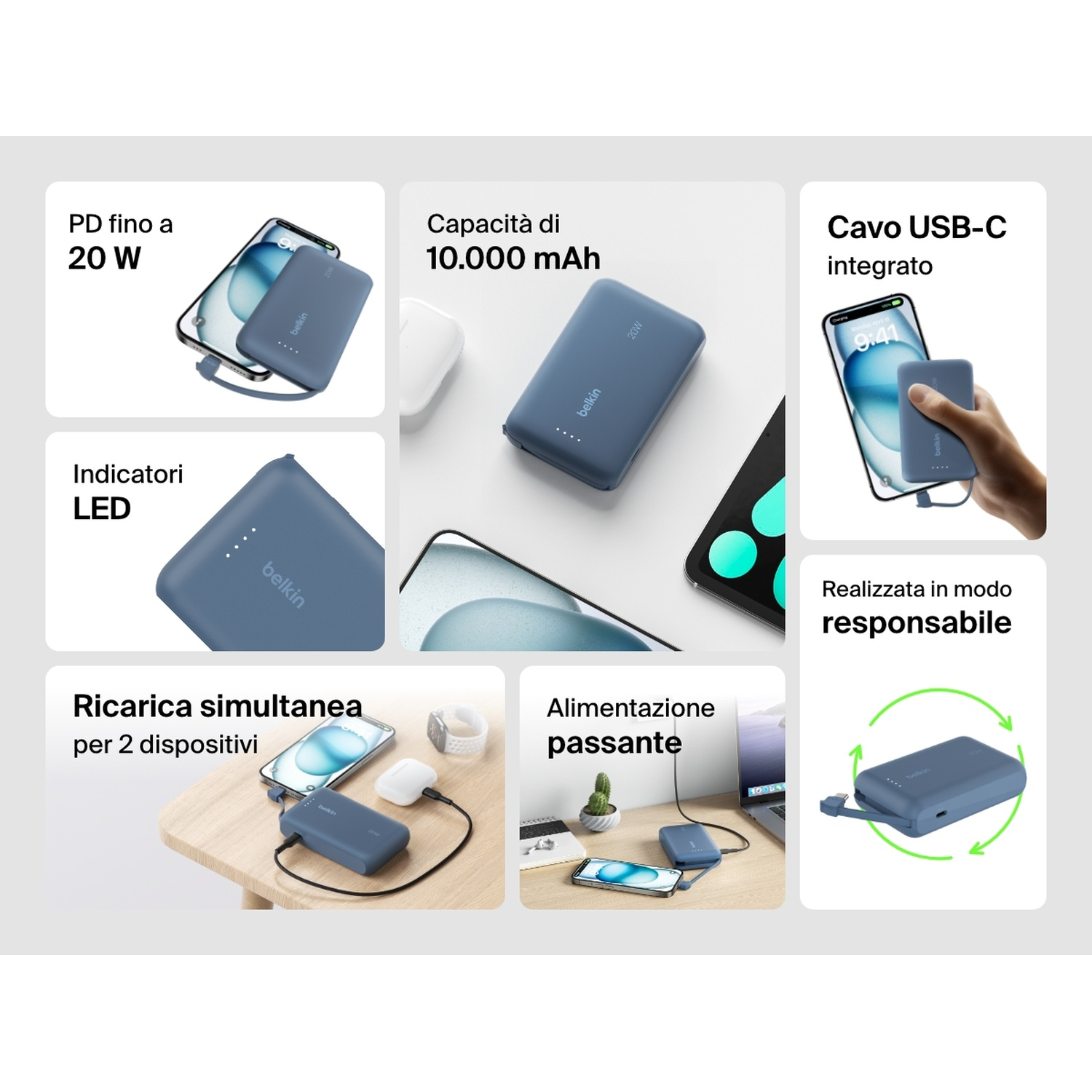 L'immagine mostra un power bank Belkin con telefono e altri dispositivi, i dettagli includono indicatori LED, cavo USB-C e capacità di 10.000 mAh.