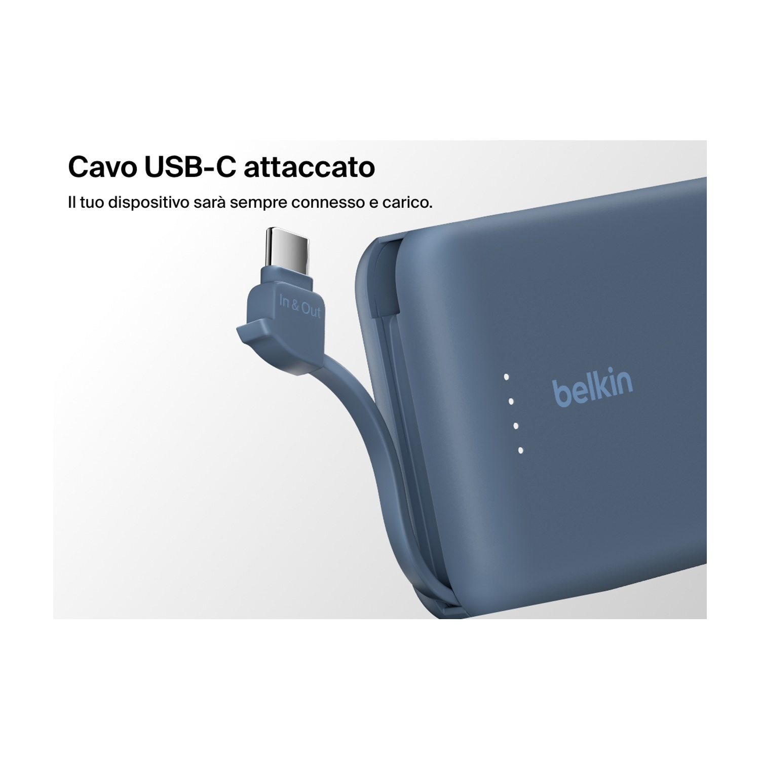 Un power bank Belkin blu con cavo USB-C collegato. Il power bank ha tre spie bianche e il logo Belkin.