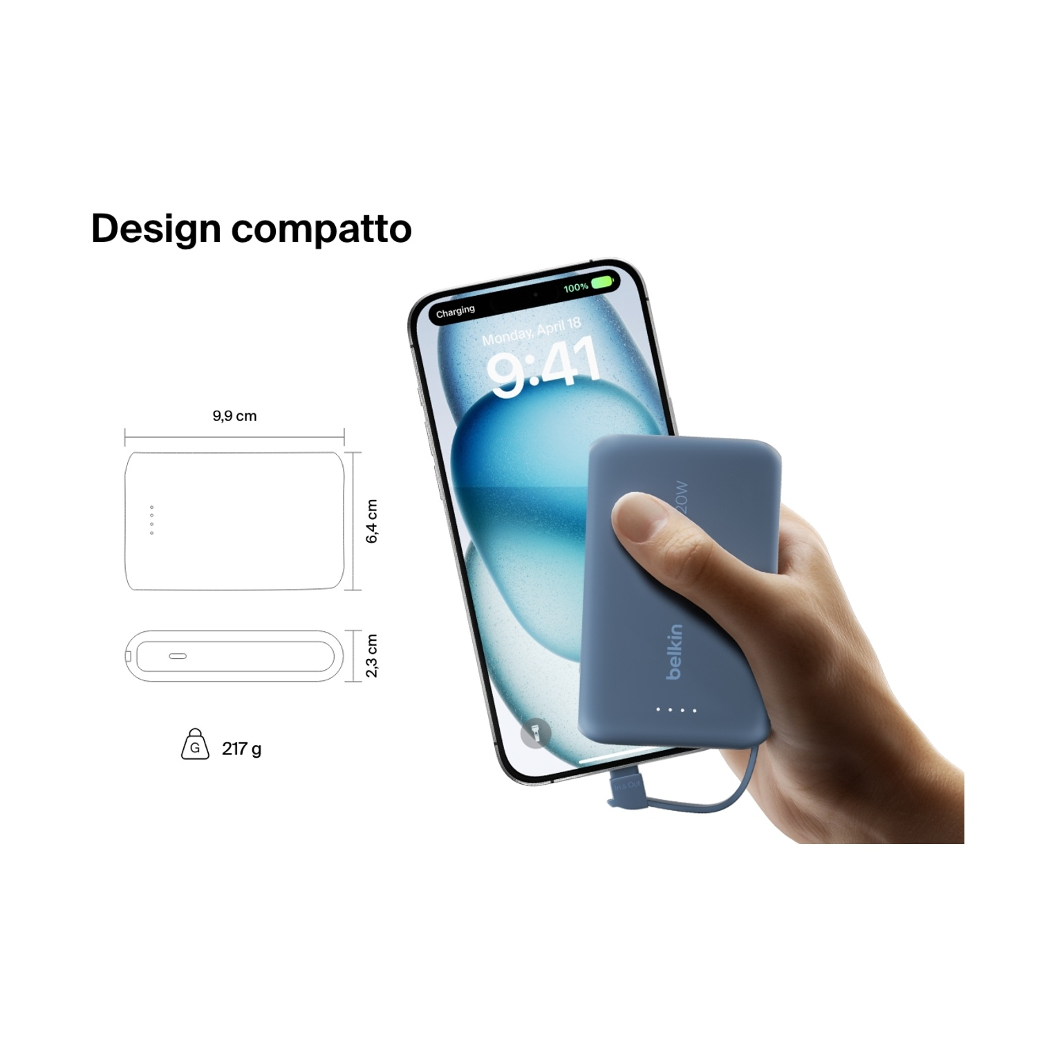 Una mano tiene un power bank Belkin blu accanto a un telefono. Il telefono mostra l'ora 9:41. Sono indicate anche le dimensioni e il peso.