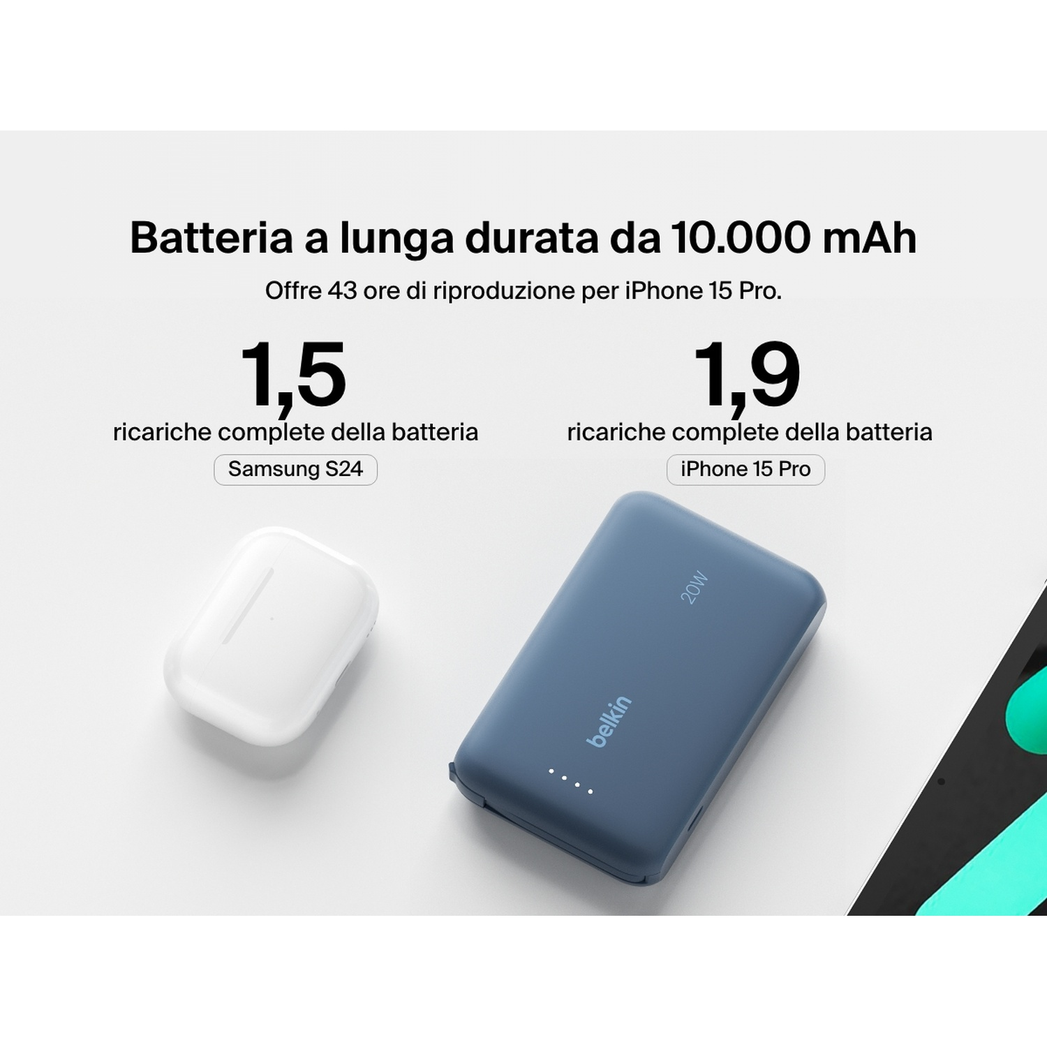 L'immagine mostra un power bank Belkin, una custodia AirPods e un iPhone con testo sulle capacità di ricarica della batteria.