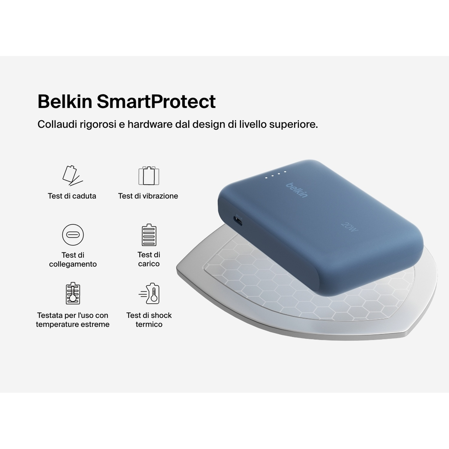 Un power bank Belkin blu su un pad di ricarica bianco. Il testo include 'Belkin SmartProtect' e icone dei test.