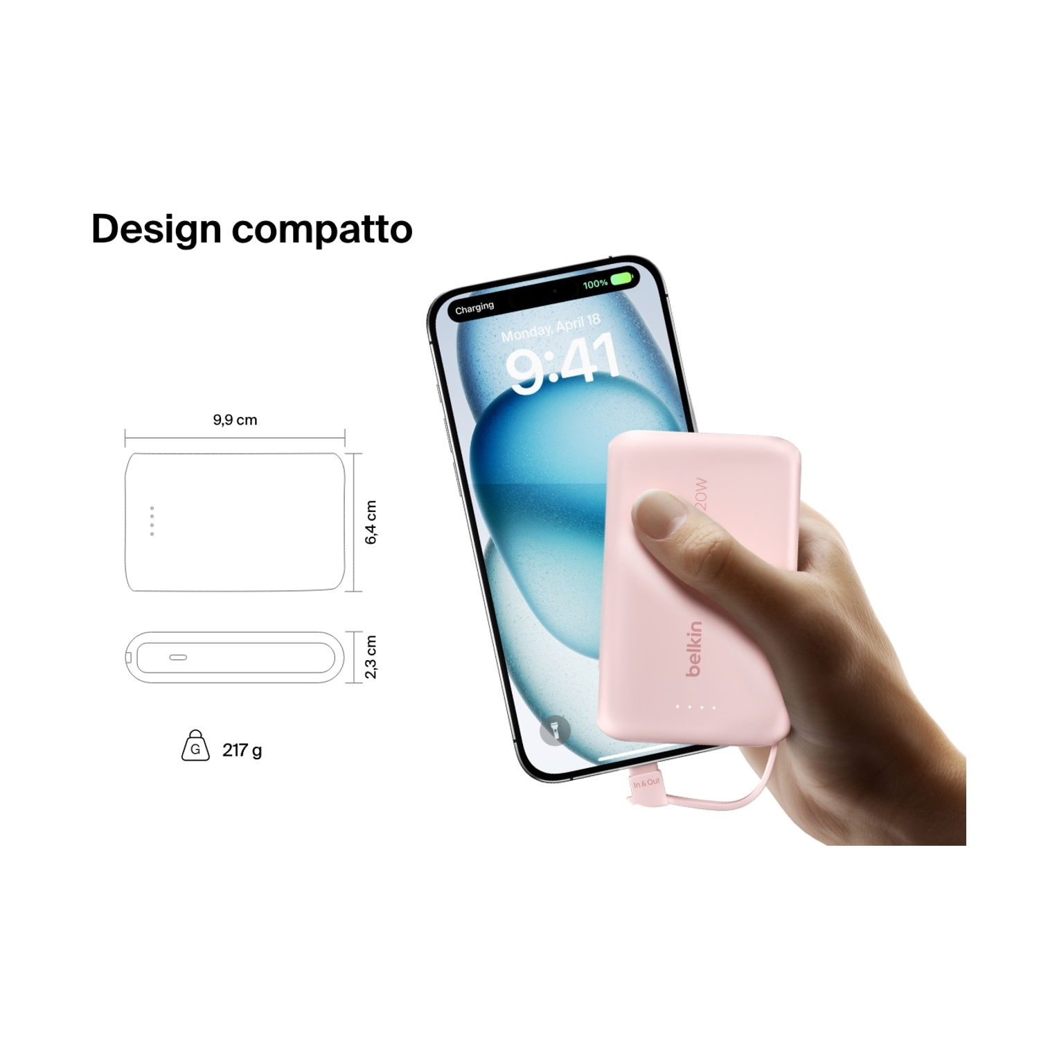 Un power bank Belkin rosa è tenuto accanto a un iPhone. Il telefono mostra l'ora 9:41. Sono mostrate le dimensioni e il peso.