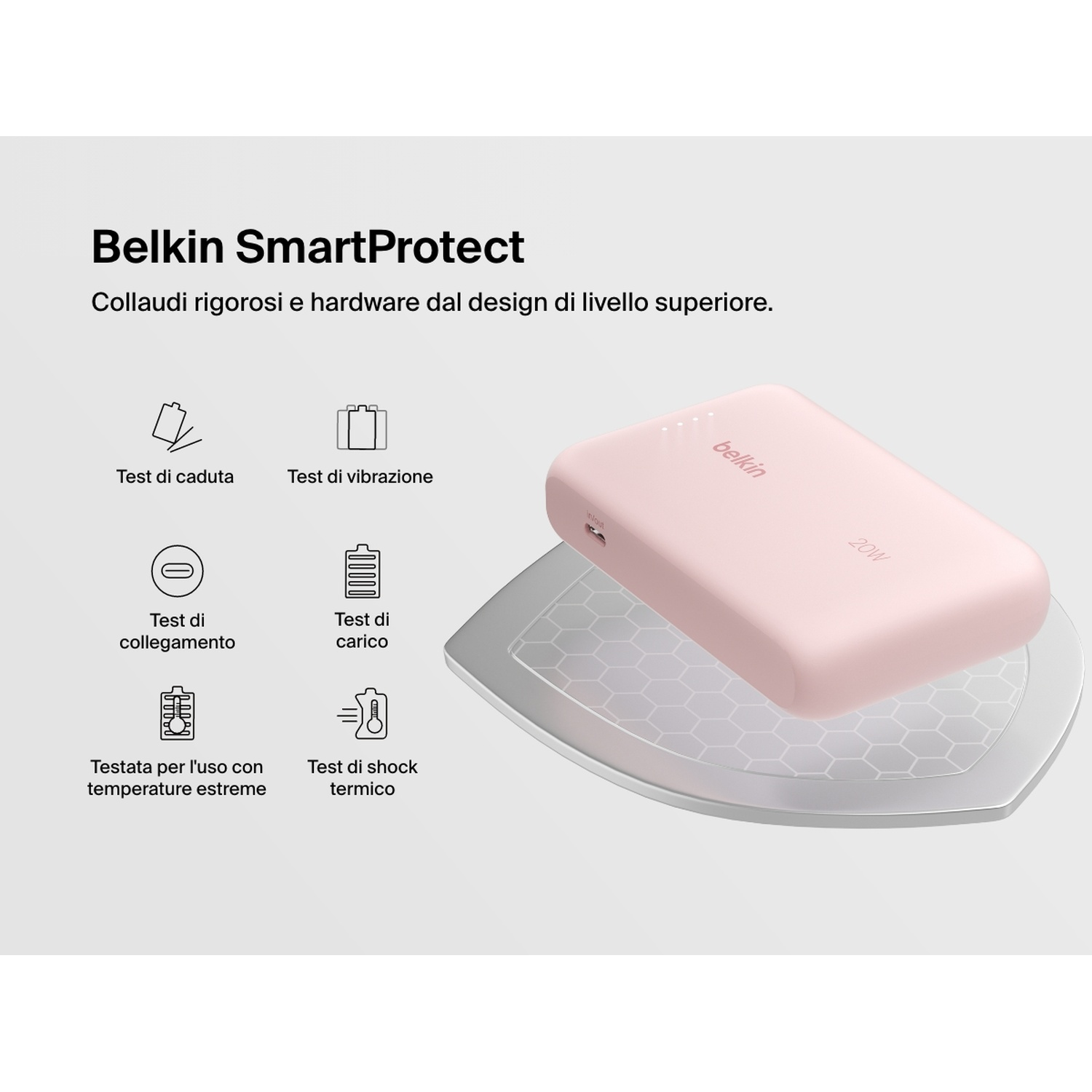 Un power bank rosa Belkin SmartProtect su un supporto argentato. Ha il logo Belkin e 20W stampati. Ci sono icone intorno.