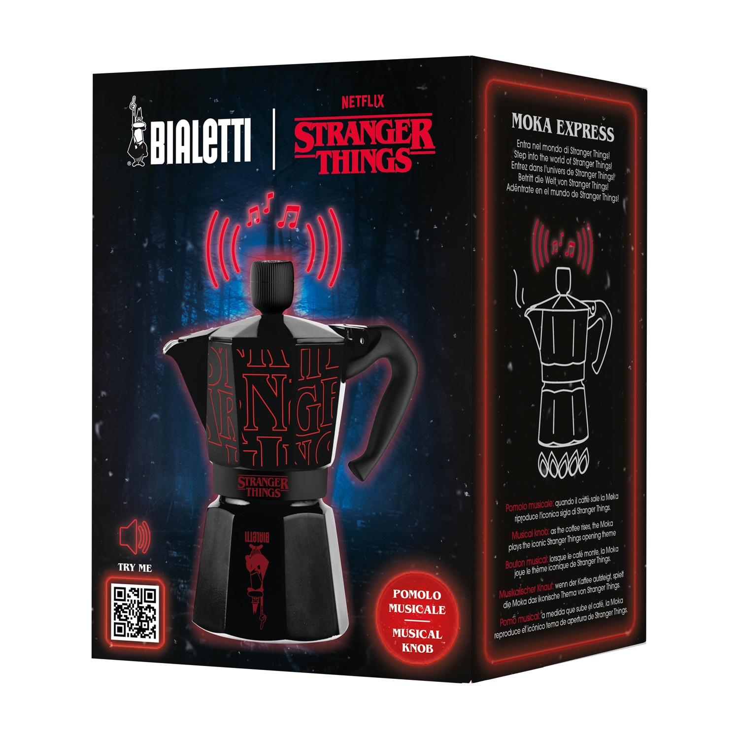 Caffettiera Moka nera con logo Stranger Things. Note musicali rosse sopra. Scatola con scritto 'Moka Express' e 'Try Me'.