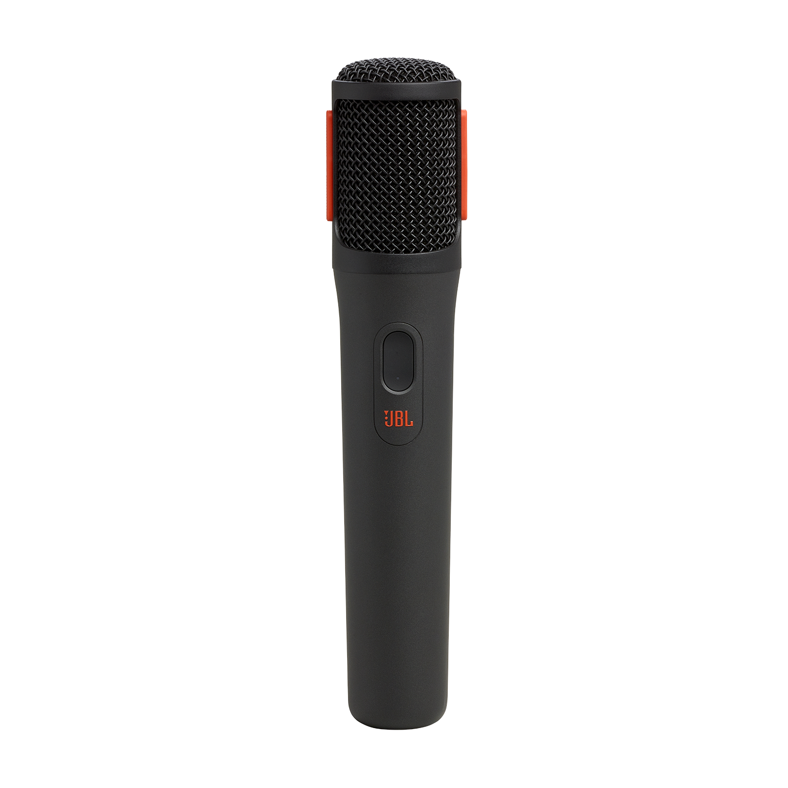 Üstünde turuncu bir vurgu bulunan siyah bir JBL mikrofon. Mikrofonda bir düğme ve turuncu JBL logosu var.