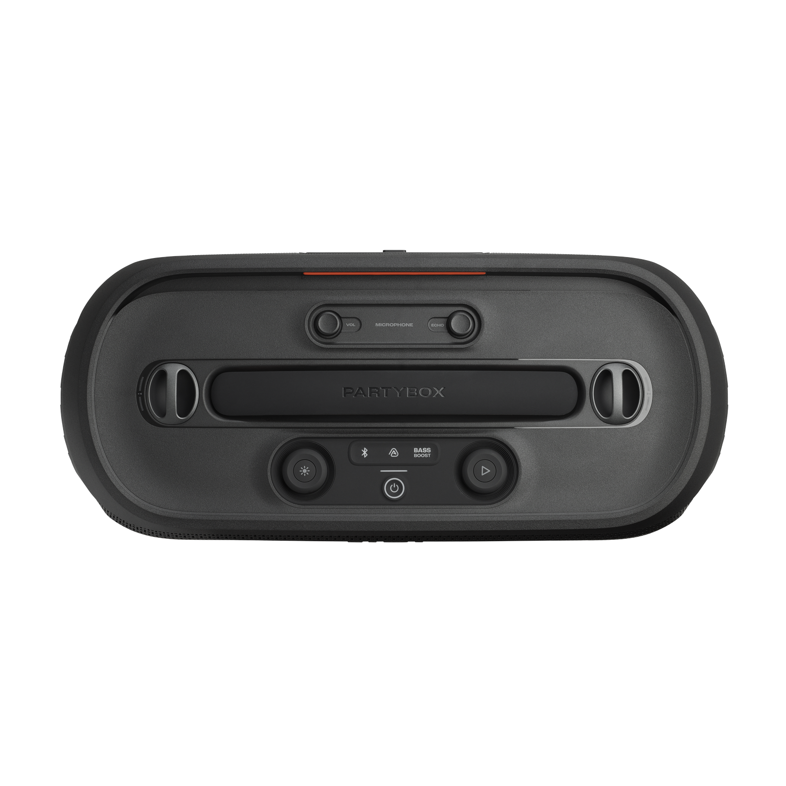 Siyah Partybox hoparlör, kontrol düğmeleriyle. Ses, mikrofon ve eko düğmeleri var. Işık, Bluetooth, bas ve güç düğmeleri mevcut.