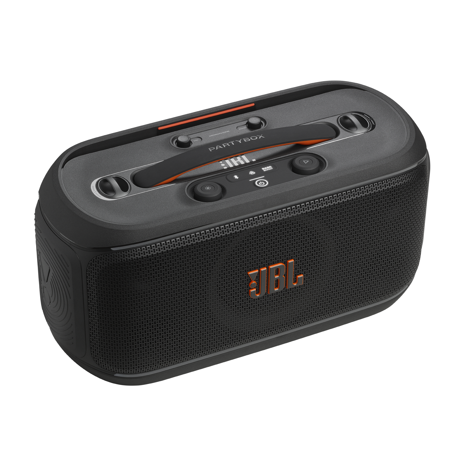 Siyah JBL PartyBox hoparlör. Turuncu bir tutacağı ve turuncu marka adı var. Üstte düğmeler.