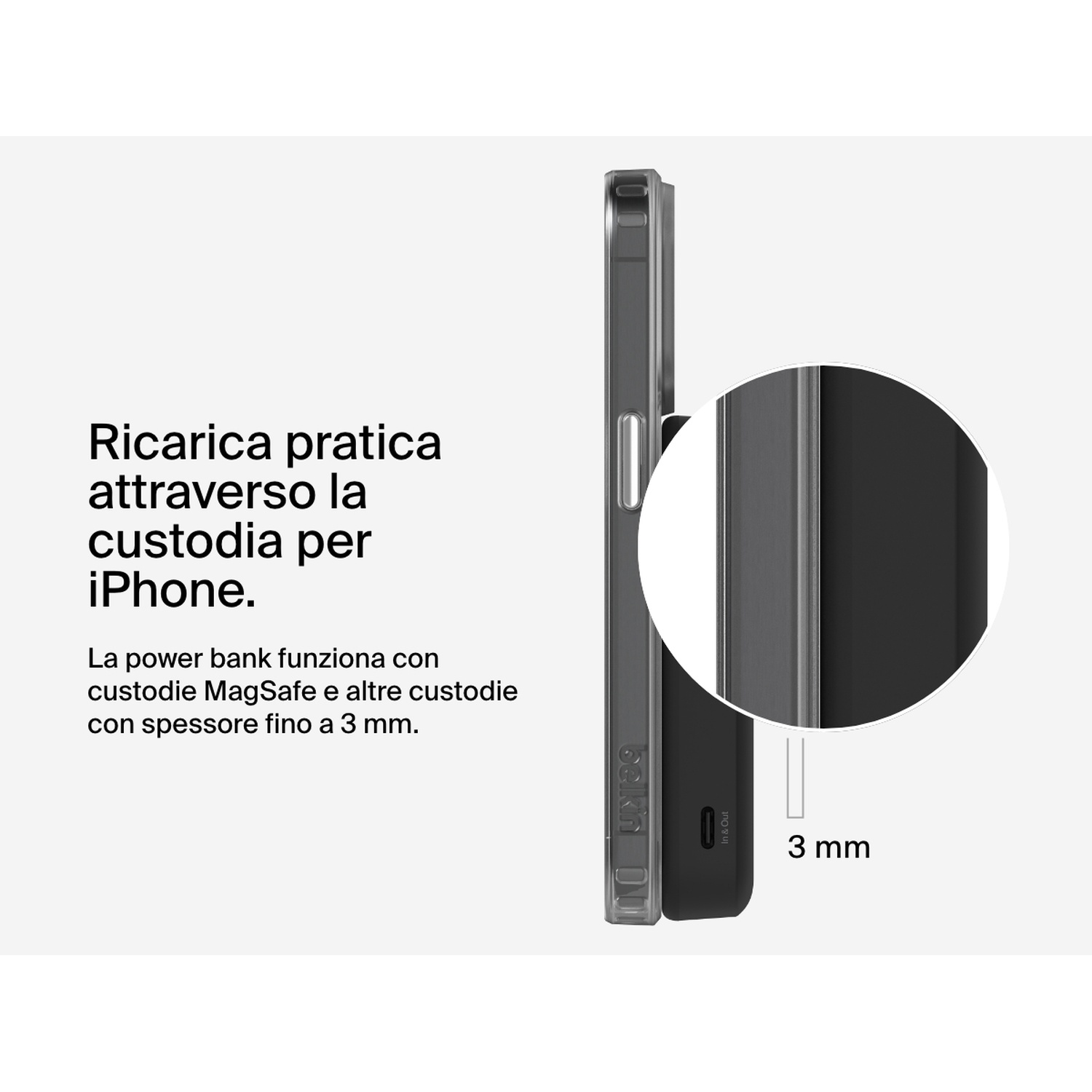 L'immagine mostra un iPhone con custodia. Un power bank è collegato. Il testo indica la ricarica pratica tramite la custodia.