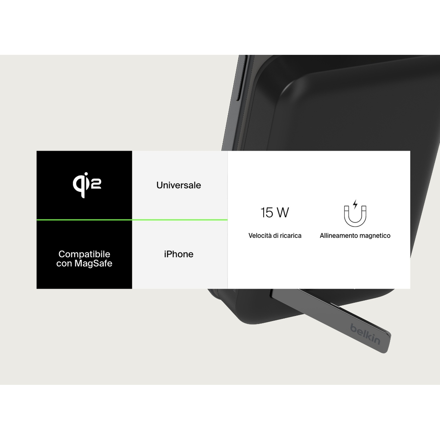 Un caricabatterie wireless nero con un'etichetta bianca che mostra specifiche come 15W, allineamento magnetico e compatibilità iPhone.