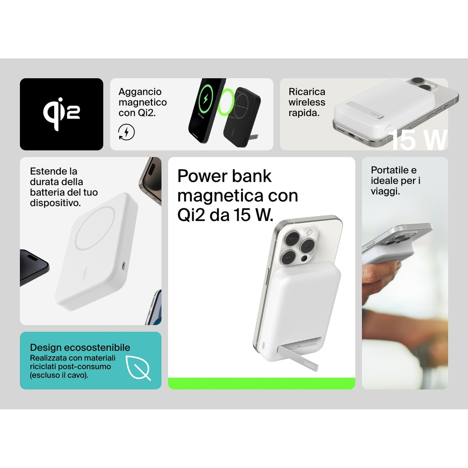 L'immagine mostra un power bank bianco collegato a un telefono, con testo sulla ricarica magnetica Qi2, 15W e design ecologico.