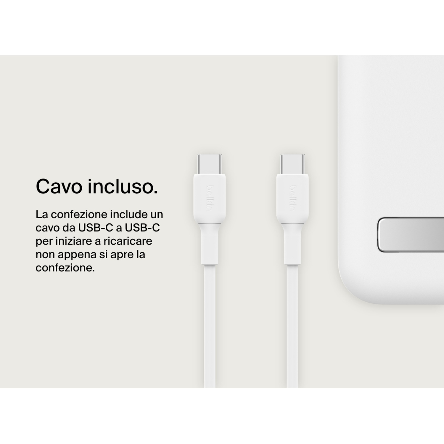 Due cavi USB-C bianchi, marchio Belkin, su sfondo chiaro. Testo: 'Cavo incluso' con istruzioni di configurazione.