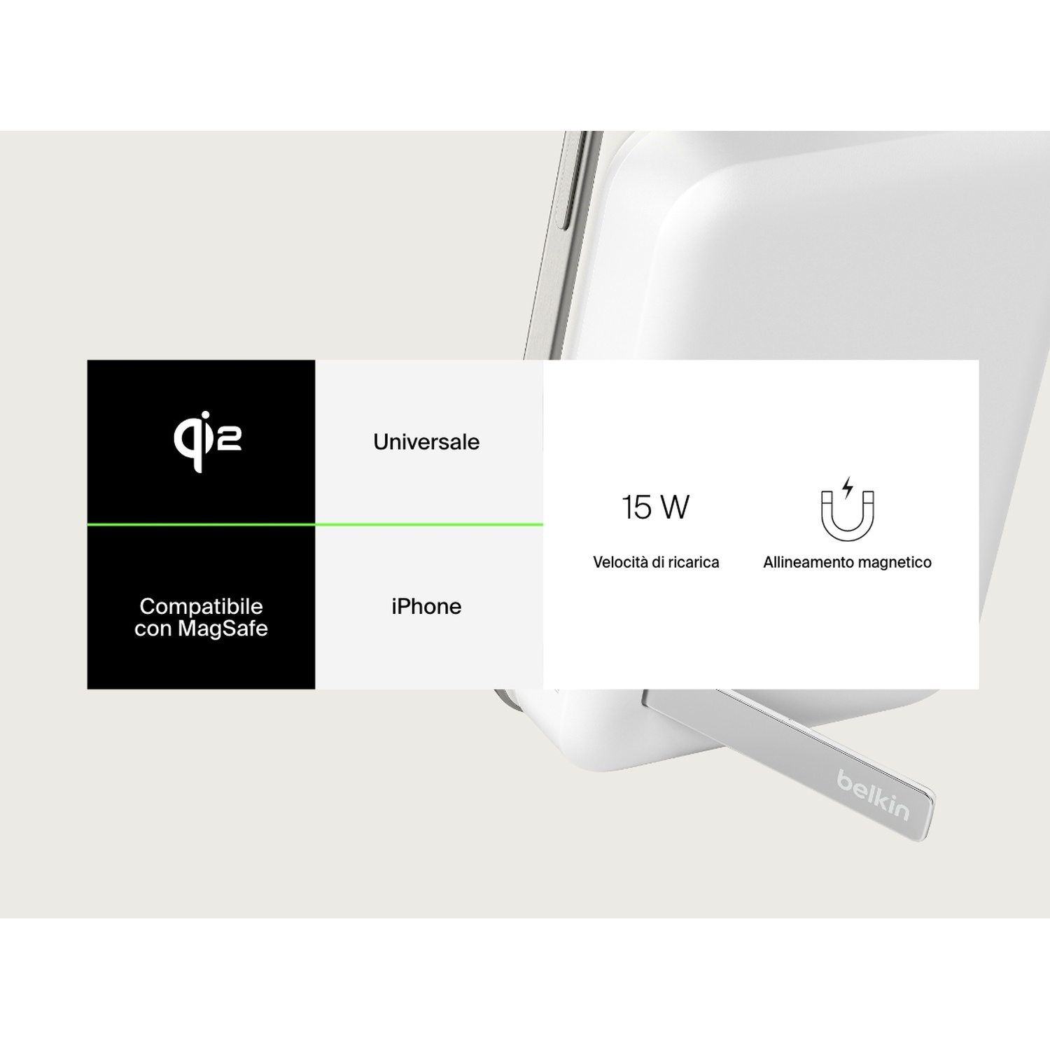 Un caricabatterie wireless Belkin bianco con un pad di ricarica. Il caricabatterie supporta la ricarica a 15W, MagSafe ed è compatibile con iPhone.