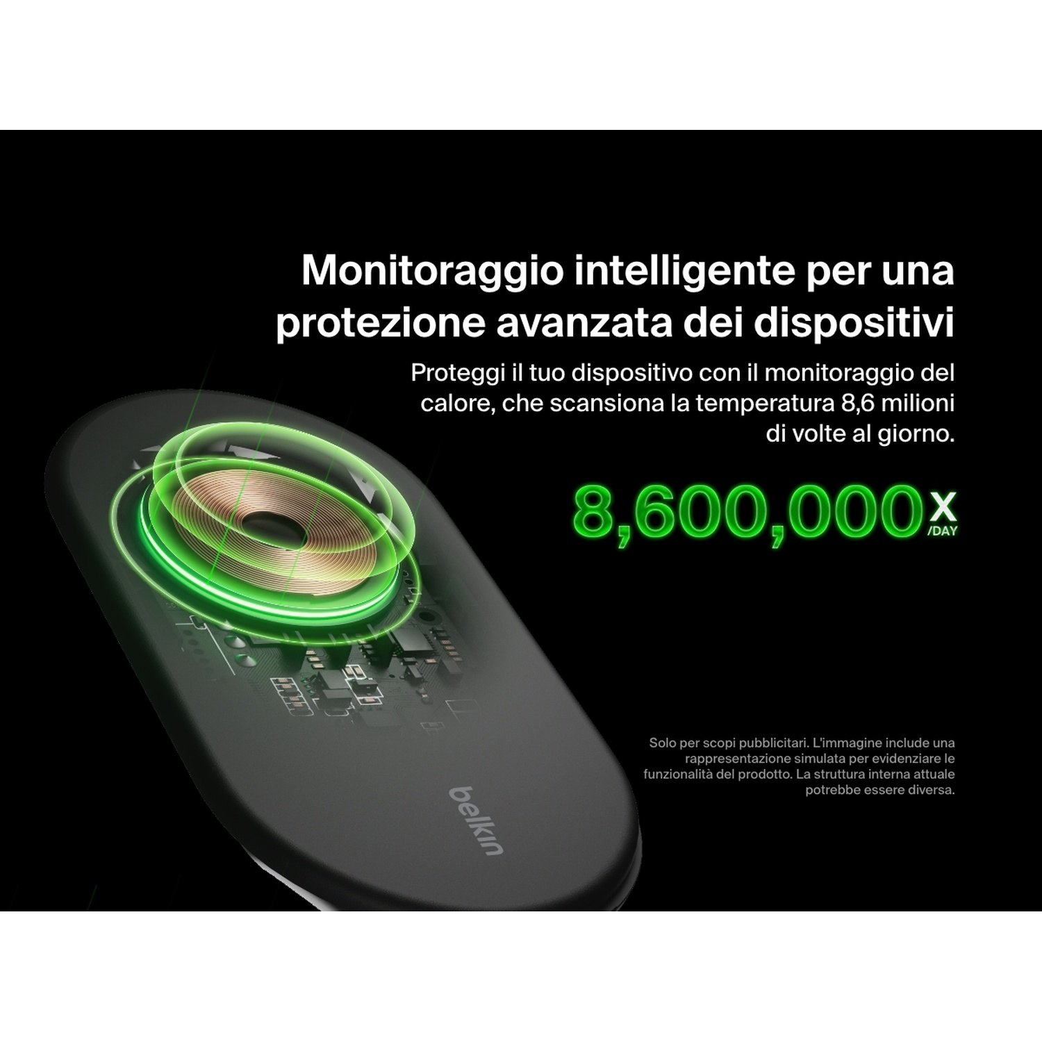 Un caricabatterie wireless nero con bobina verde brillante, che mostra i componenti interni. Testo: 'monitoraggio intelligente per la protezione avanzata'.