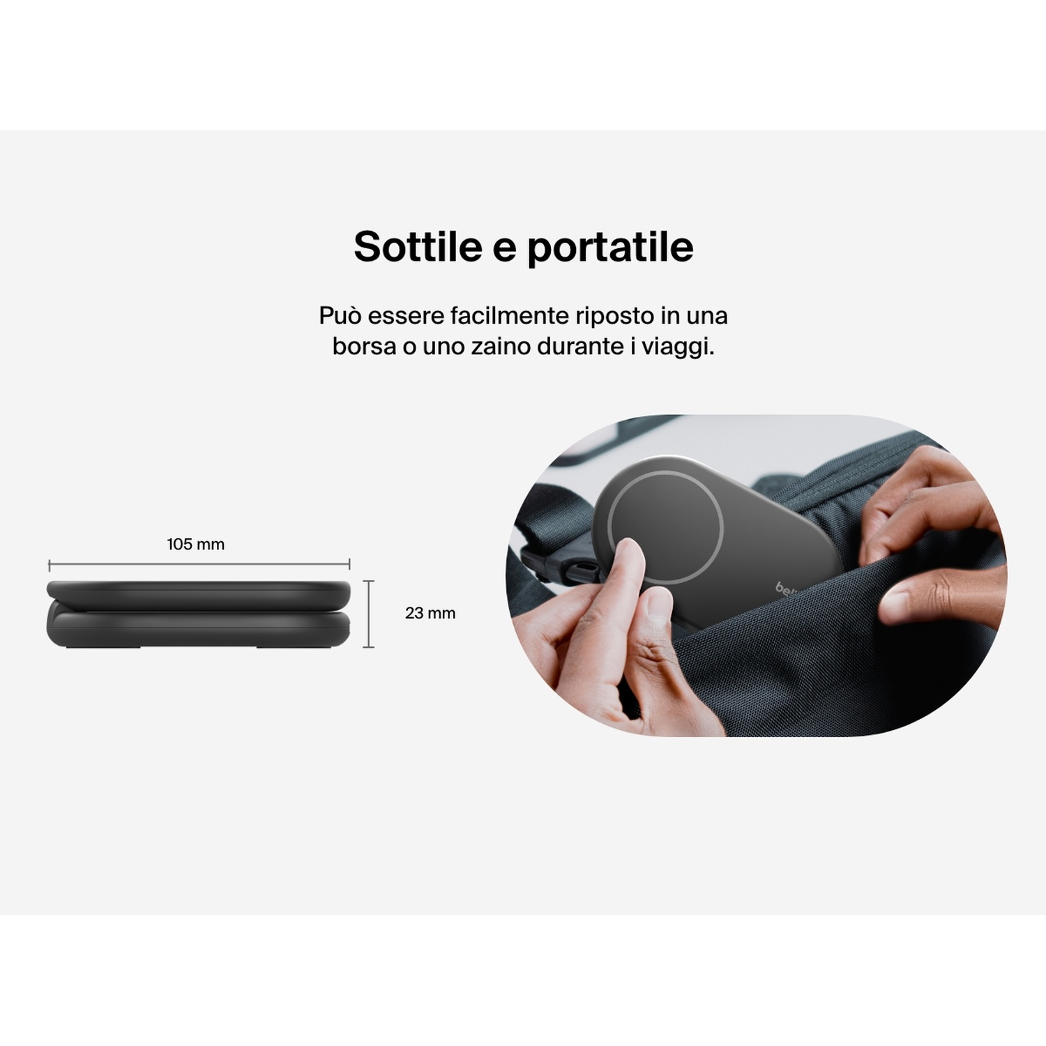 Un dispositivo nero e piatto è tenuto in mano. Dimensioni: 105 mm x 23 mm. Testo: 'Sottile e portatile. Si adatta facilmente a una borsa o a uno zaino.'