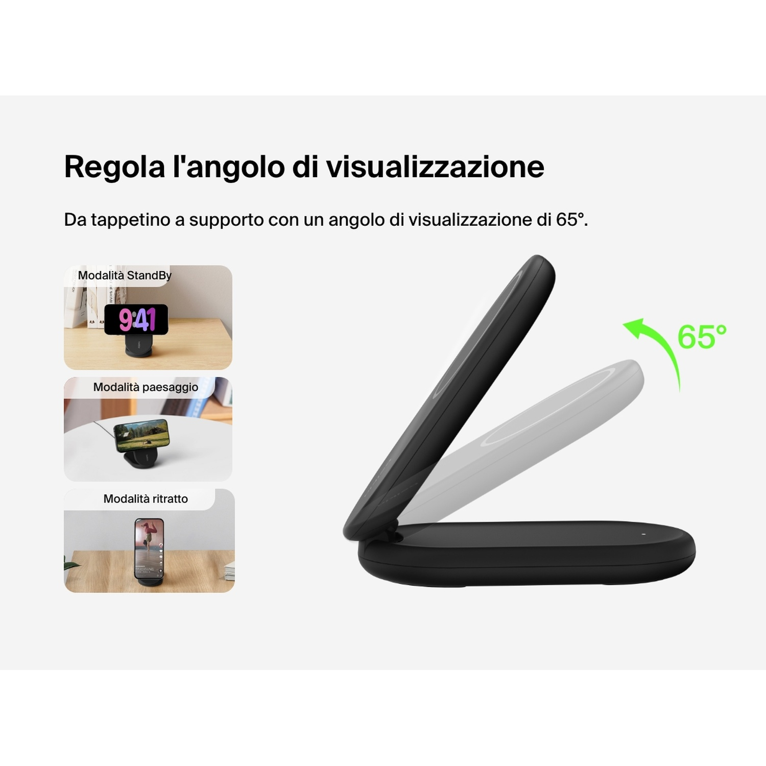 Un dispositivo nero si regola a un angolo di 65 gradi. Sono mostrate tre modalità di visualizzazione del telefono: StandBy, orizzontale e verticale.