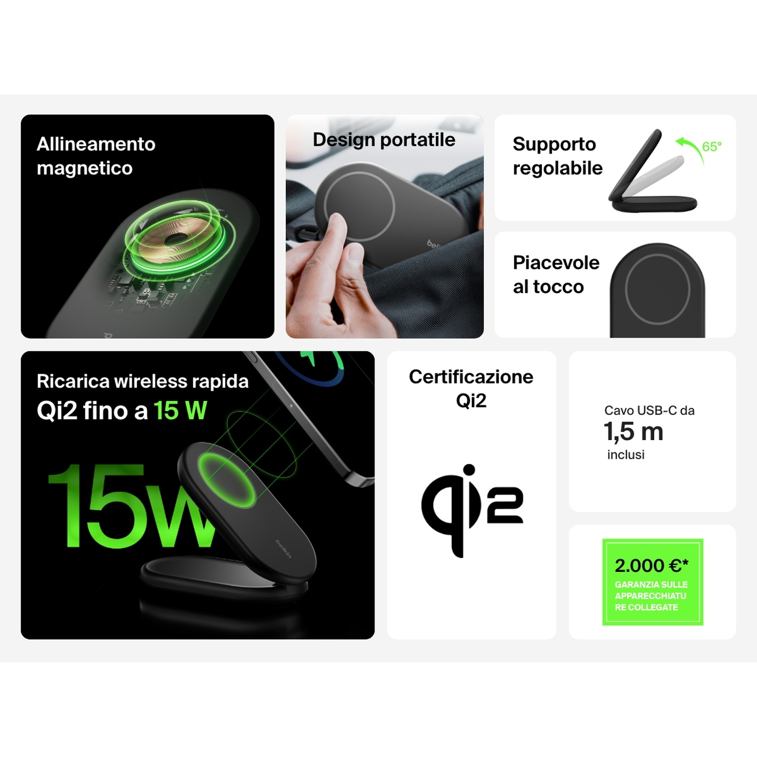 Caricabatterie wireless con allineamento magnetico, certificazione Qi2 e supporto regolabile. Include un cavo USB-C da 1,5 m.