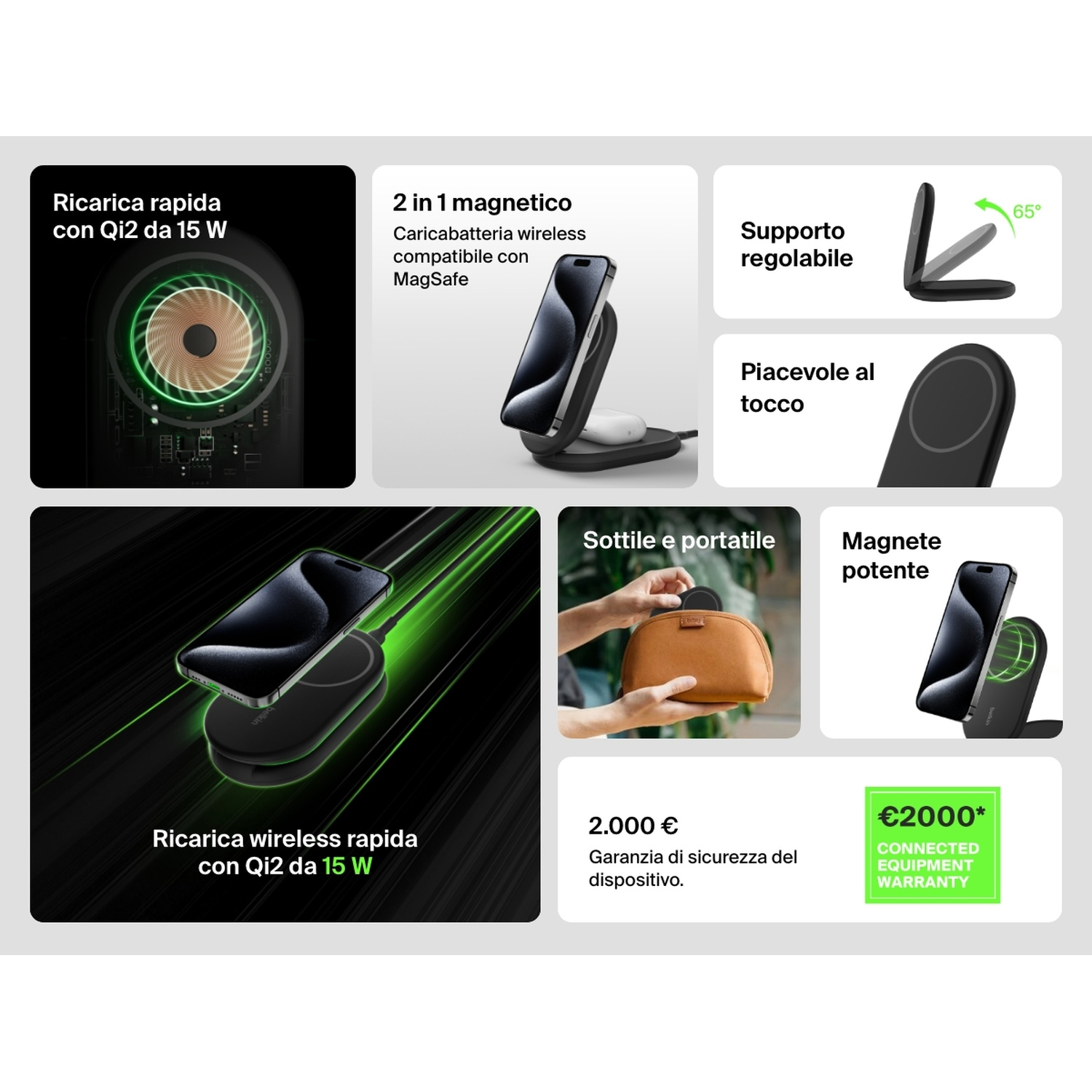 L'immagine mostra un caricabatterie wireless con un telefono, testo in italiano e un badge di garanzia verde.