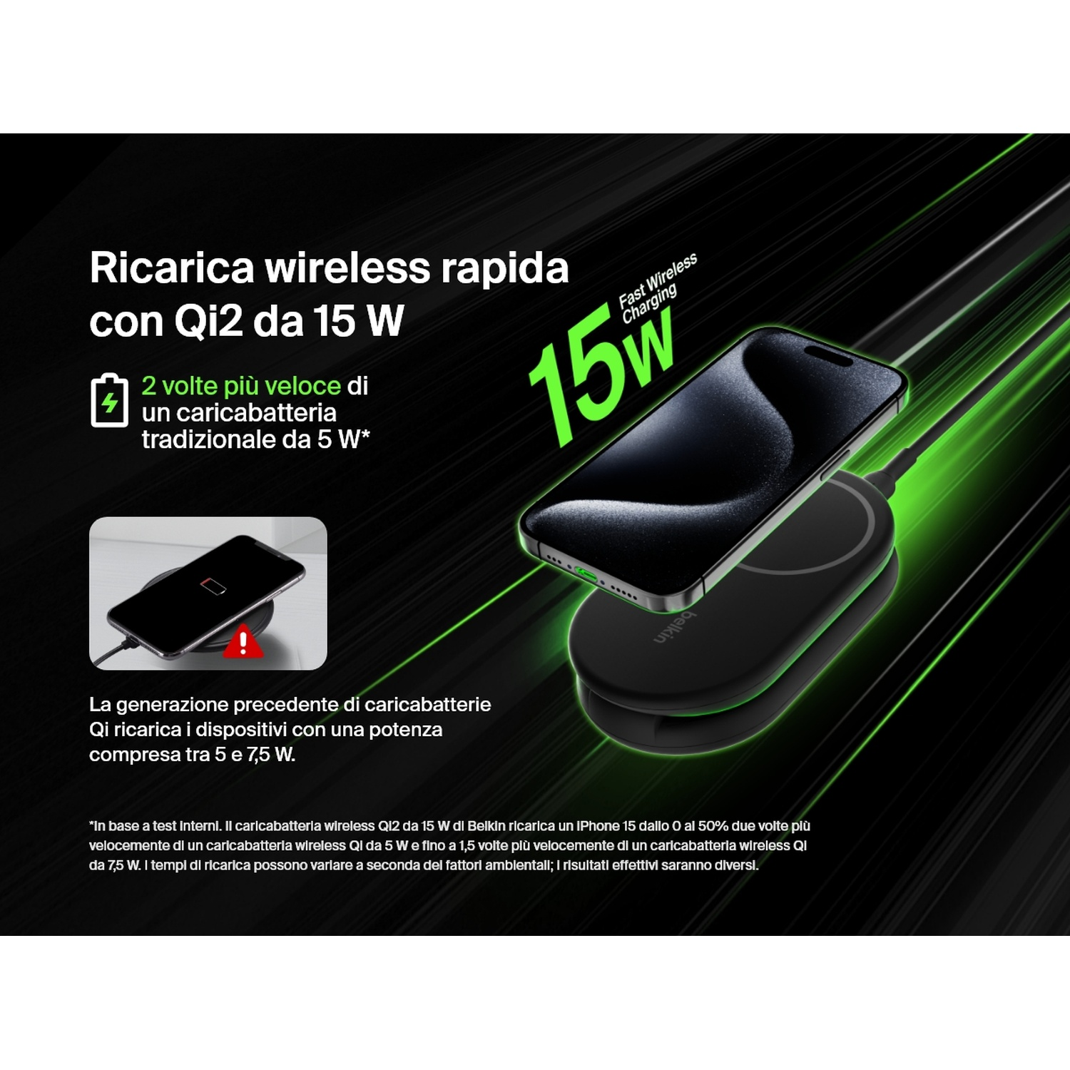Telefono nero in carica su un caricatore wireless nero. Il testo indica ricarica wireless veloce.