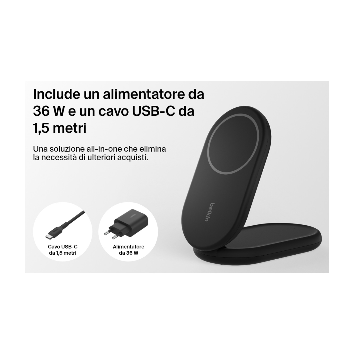 Caricatore wireless nero con cavo USB-C e adattatore da 36W. Il caricatore è su sfondo bianco.
