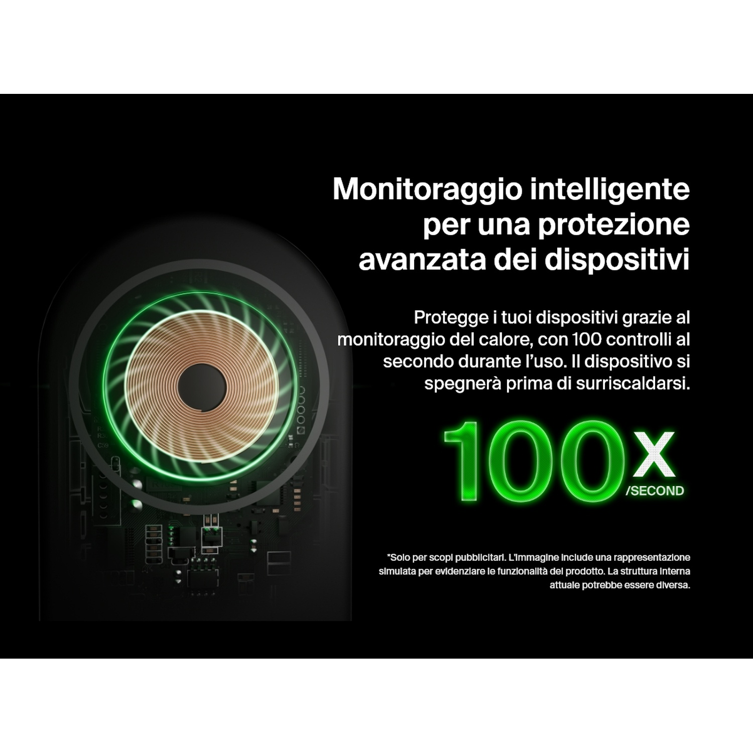 L'immagine mostra un caricabatterie wireless con un anello verde brillante e il numero 100x. Il testo in italiano descrive la protezione del dispositivo.