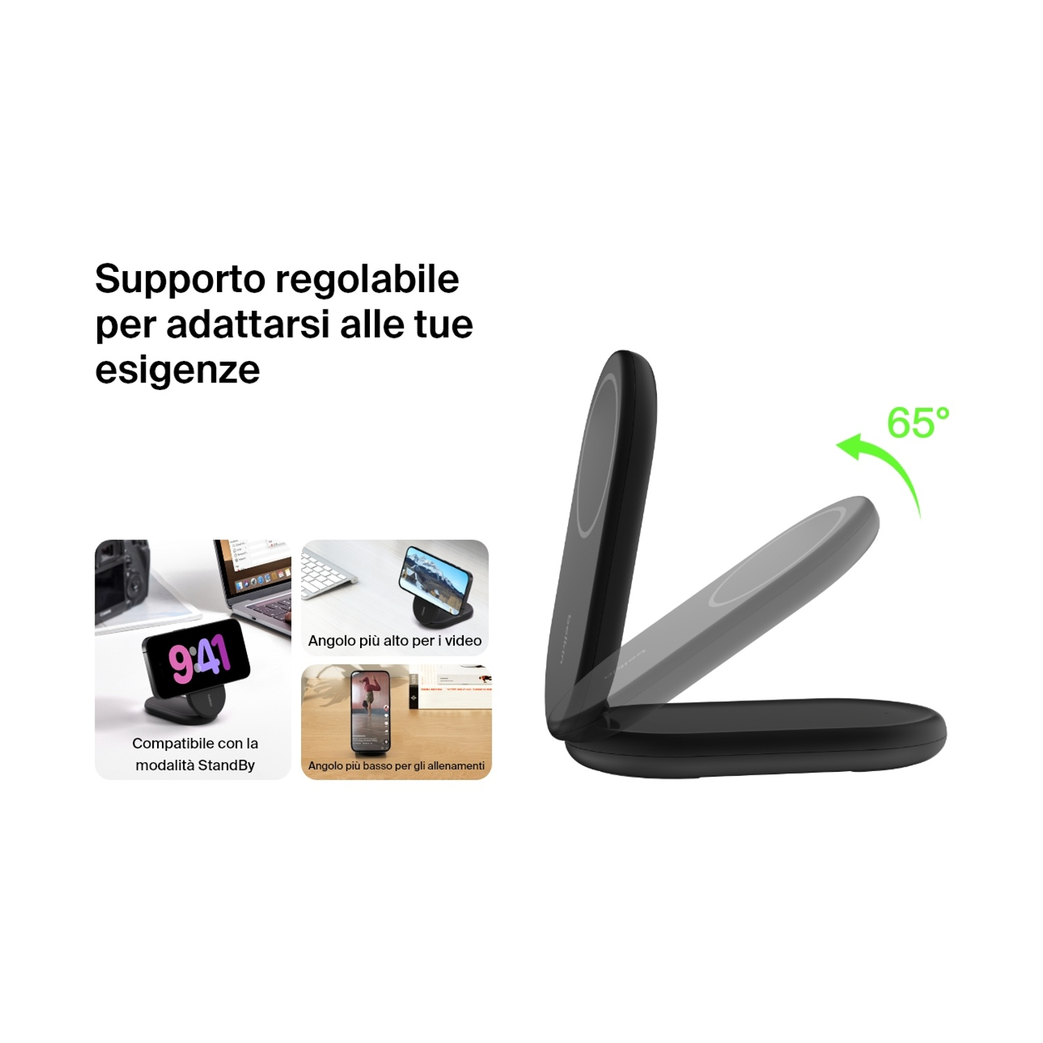 Supporto per telefono nero regolabile con un telefono che mostra le 9:41. Regolazione dell'angolo mostrata a 65 gradi. Testo: 'Supporto regolabile'.