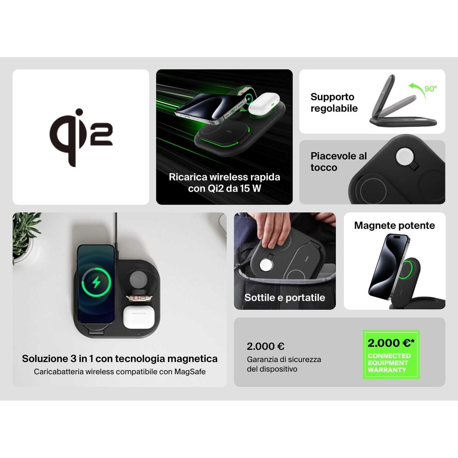 Un caricabatterie wireless nero con telefono, orologio e auricolari in carica. Include MagSafe, ricarica da 15 W e design portatile.
