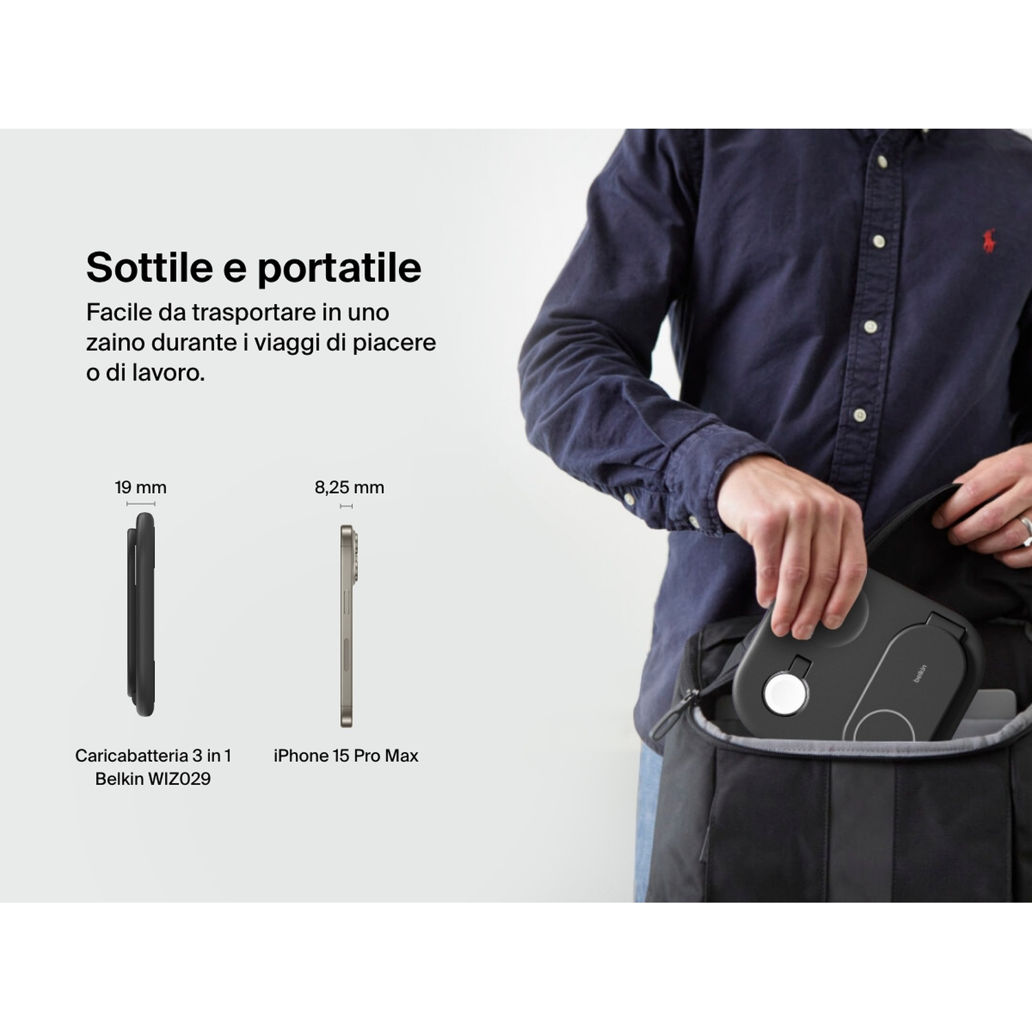 Una persona con una camicia blu mette un dispositivo nero in una borsa nera. Il testo dice 'Sottile e portatile'.