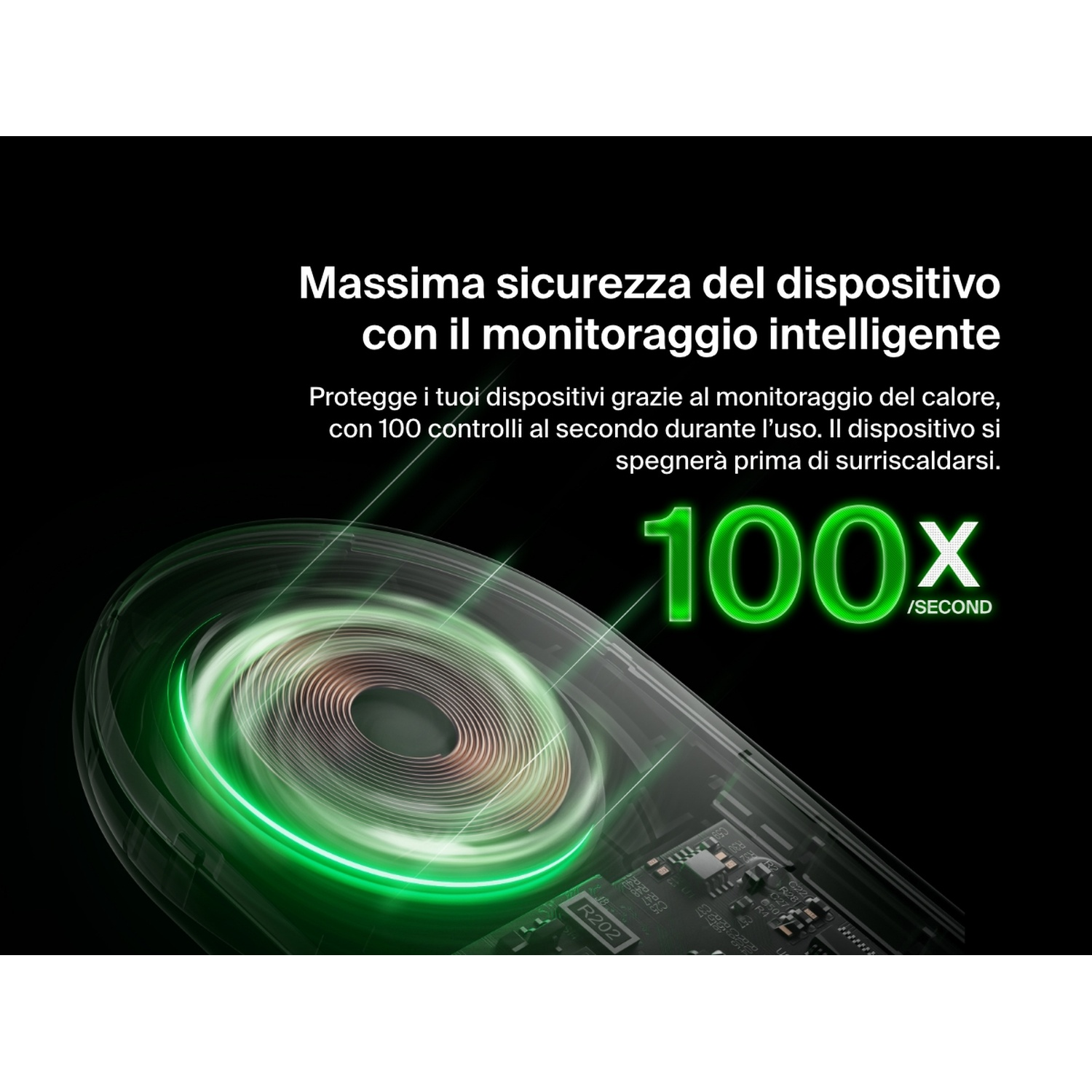 L'immagine mostra un dispositivo con una bobina verde brillante. Il testo recita: Massima sicurezza del dispositivo con monitoraggio intelligente.