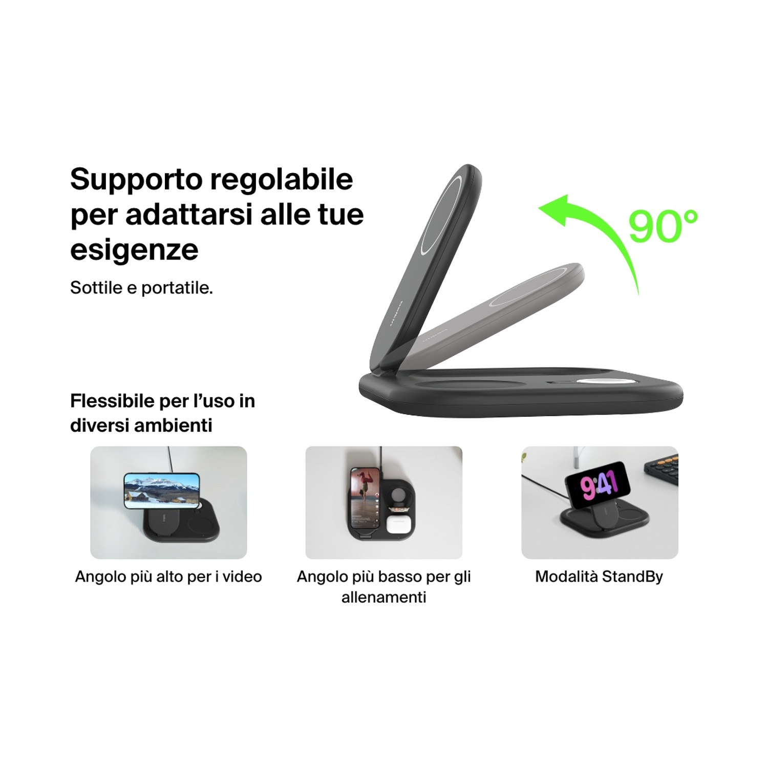 Supporto per telefono regolabile con tre esempi di utilizzo: angolo video, angolo di allenamento e modalità standby. Il supporto è nero e ha una regolazione a 90 gradi.