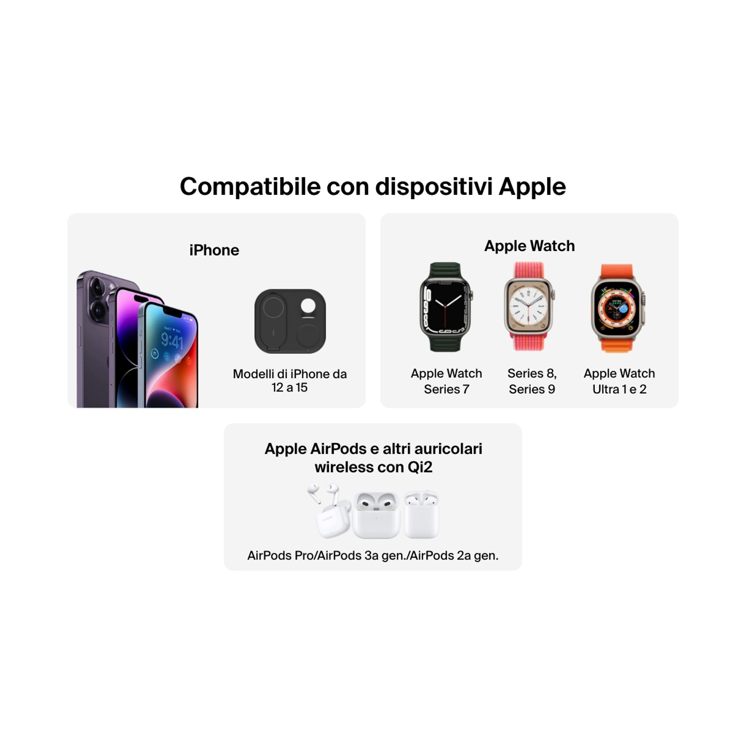 L'immagine mostra prodotti Apple: iPhone, Apple Watch e AirPods. Il testo indica la compatibilità con i dispositivi Apple.