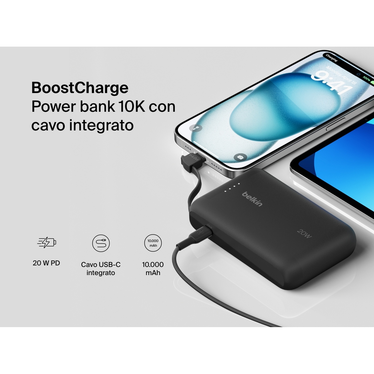 Un power bank Belkin nero carica un iPhone. Il telefono mostra le 9:41. Testo: BoostCharge, power bank 10K, 20W e 10.000 mAh.