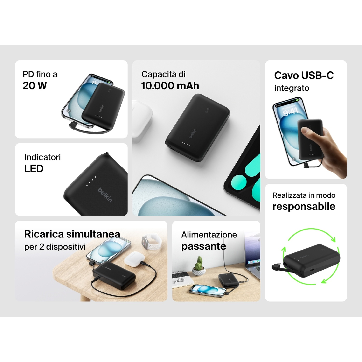 L'immagine mostra un power bank Belkin nero con telefoni, un orologio e auricolari. Il testo descrive caratteristiche come 20W, 10.000 mAh e USB-C.