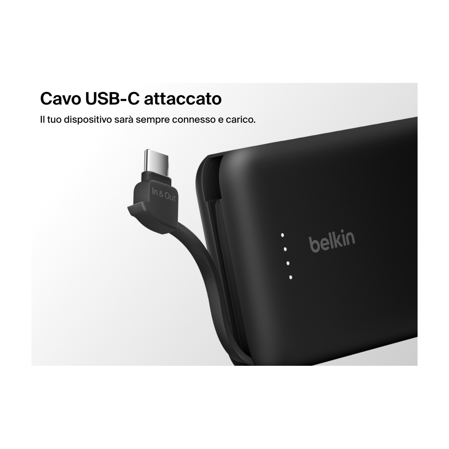 Un power bank Belkin nero con cavo USB-C collegato. Il power bank ha spie luminose. Il testo dice cavo USB-C collegato.