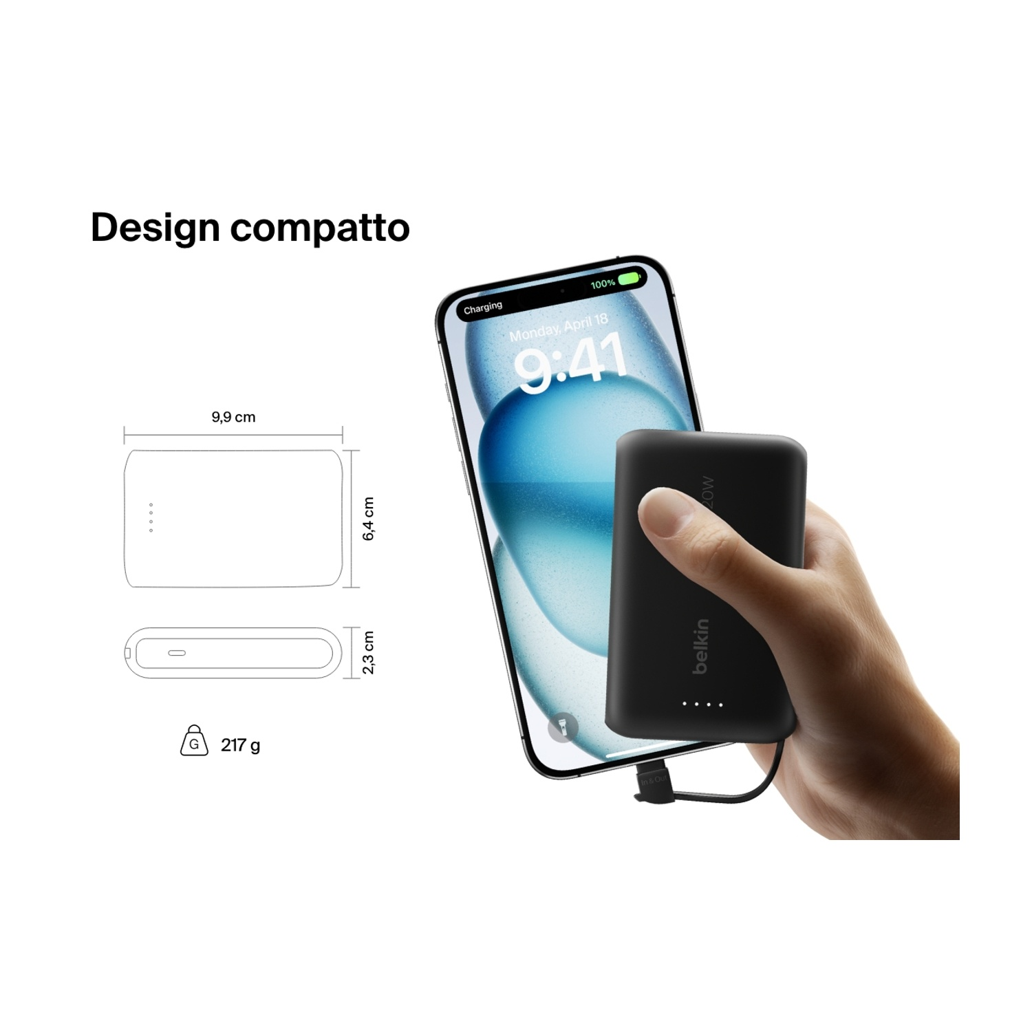 Un power bank Belkin nero carica un telefono. Il telefono mostra le 9:41, batteria al 100%. Vengono mostrate anche dimensioni e peso.