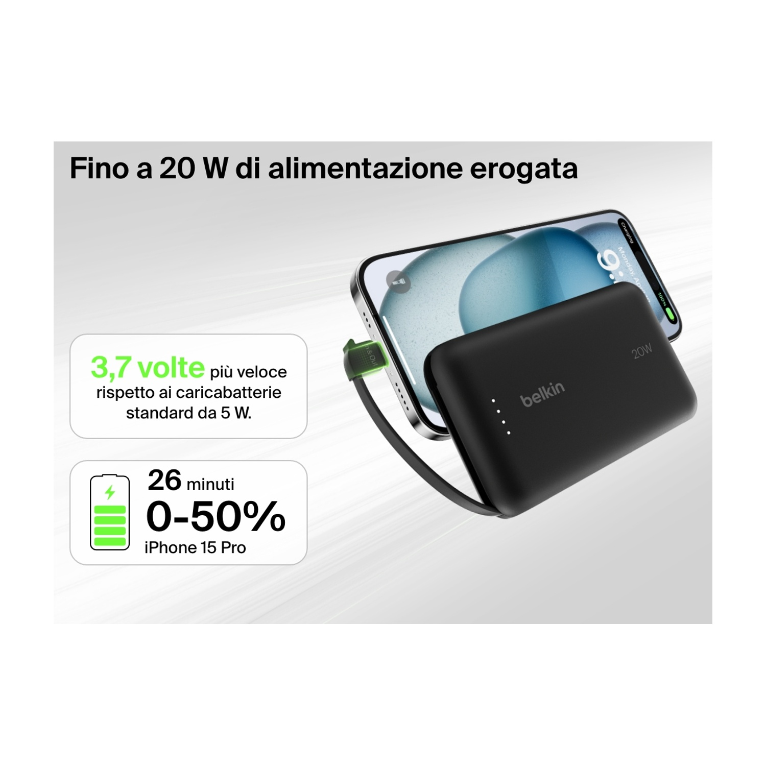 Un power bank Belkin nero carica un iPhone. Il testo indica ricarica rapida: 26 minuti al 50% per iPhone 15 Pro, 3,7x più veloce.