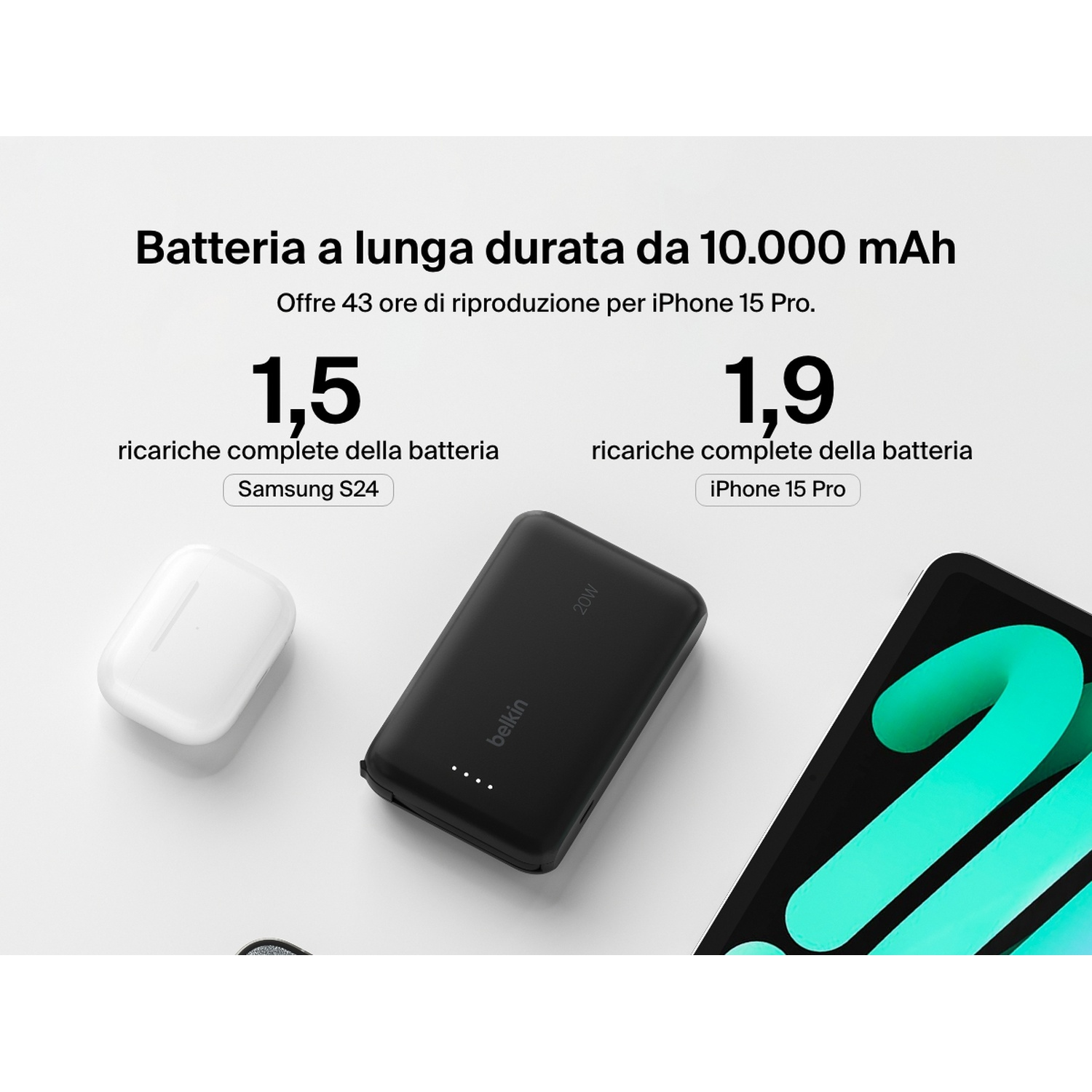 L'immagine mostra un power bank Belkin, un iPhone e AirPods. Il testo indica una batteria da 10.000 mAh, con dettagli di ricarica per Samsung S24 e iPhone 15 Pro.