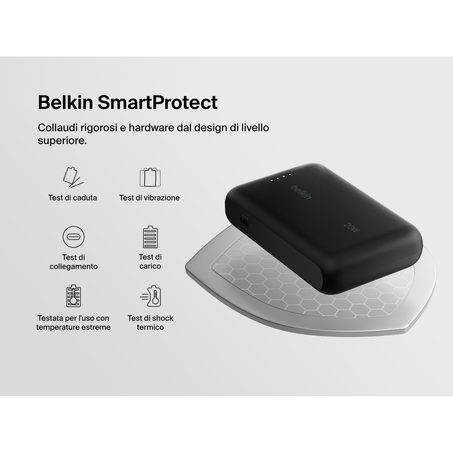 Power bank Belkin SmartProtect nera su supporto bianco. Il testo menziona test di caduta, vibrazione, connessione e temperatura estrema.