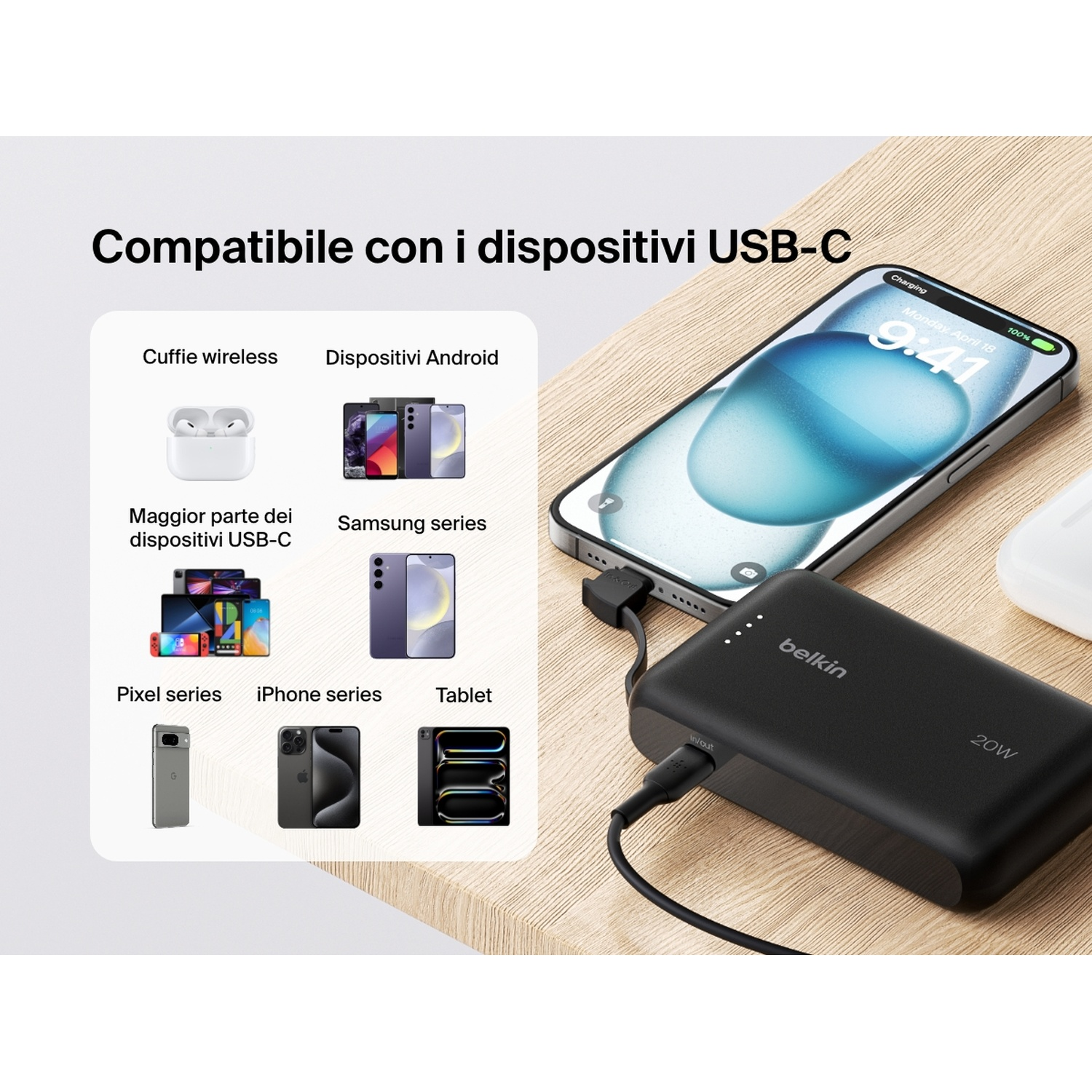 L'immagine mostra un telefono in carica da un power bank Belkin. Vengono visualizzati altri dispositivi come telefoni e auricolari.