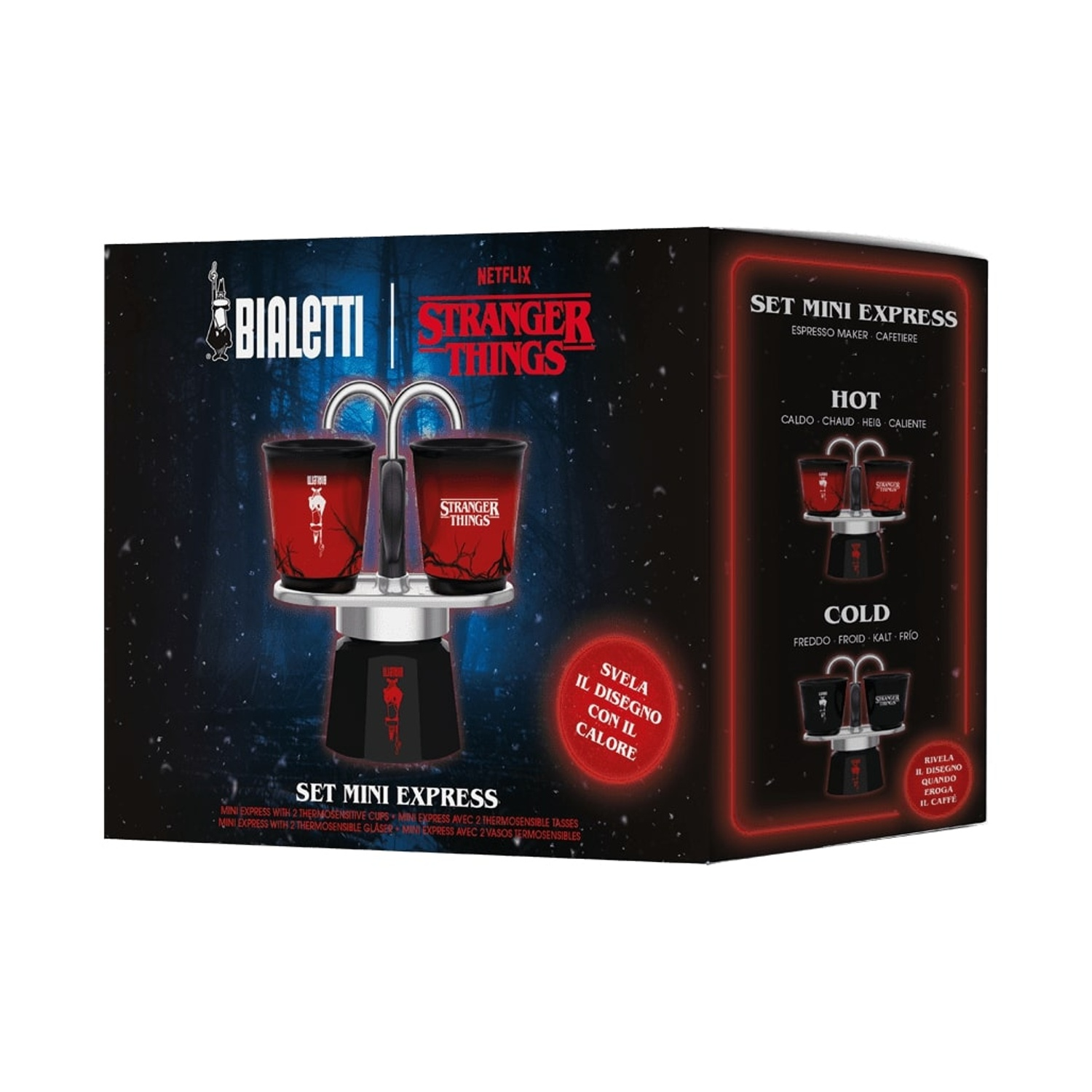 Set caffettiera Bialetti Stranger Things. Include due tazze, una moka e una scatola con etichette 'Hot' e 'Cold'.
