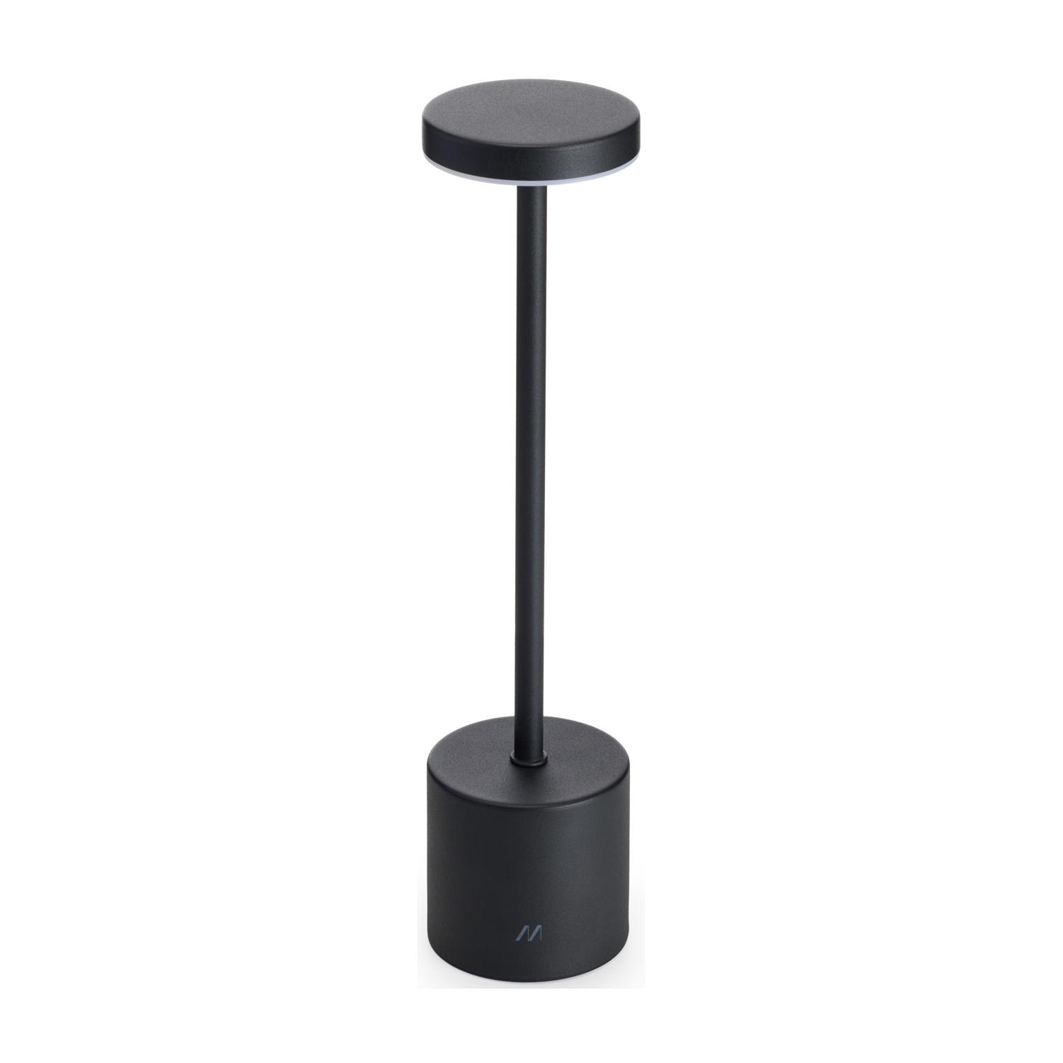 Una lampada da tavolo nera con parte superiore e base rotonde, collegate da un sottile stelo. Lo sfondo è bianco.